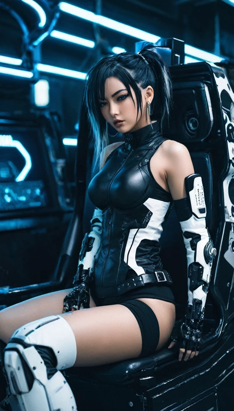 a woman in a black and white outfit sitting on a machine, cyberpunk anime girl, female cyberpunk anime girl, anime cyberpunk art, anime cyberpunk, digital cyberpunk anime art, cyberpunk anime girl mech, digital cyberpunk - anime art, modern cyberpunk anime, cyberpunk anime art, digital cyberpunk anime!!, perfect android girl, cybercore, oppai cyberpunk, nightcore, android heroine nsfw