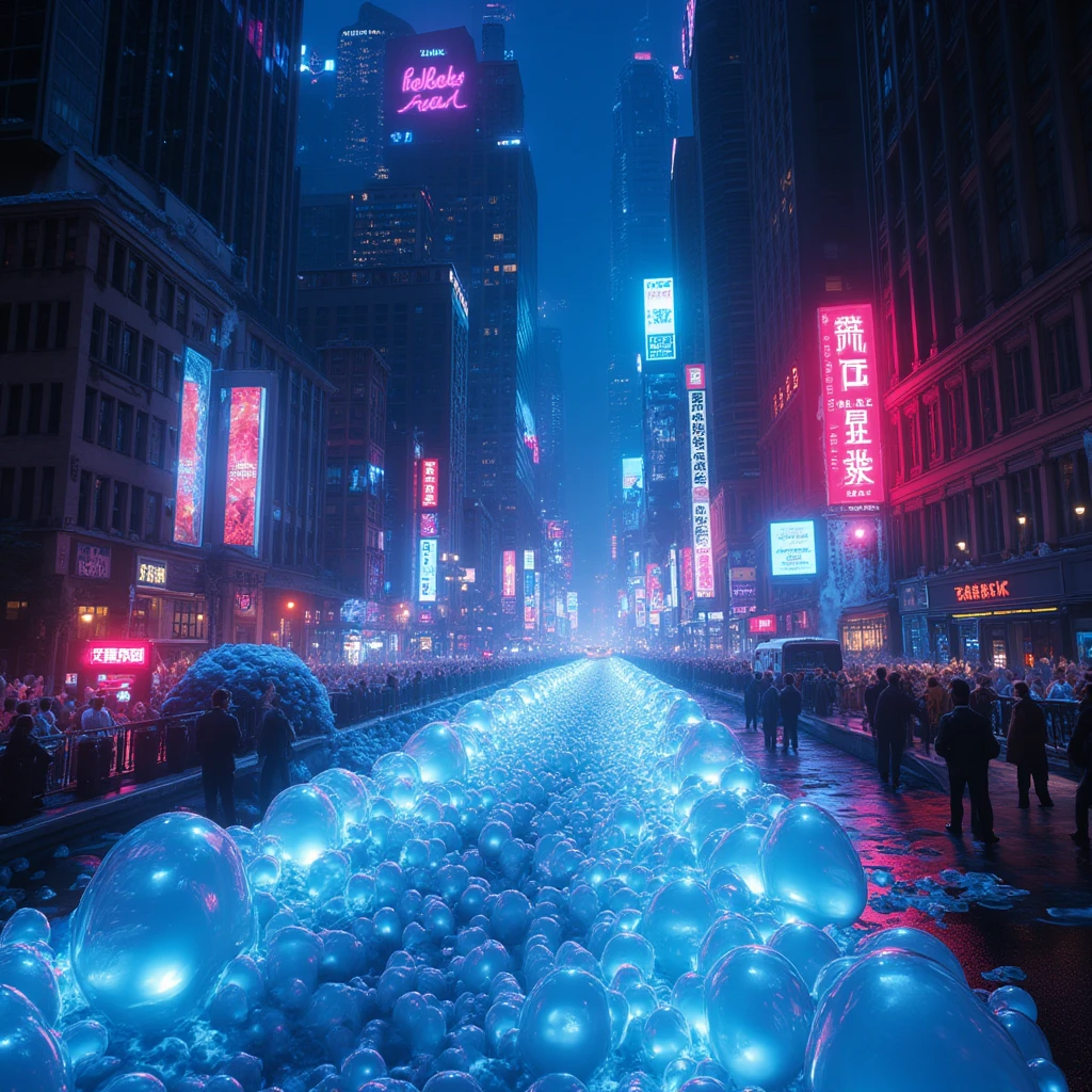 a large amount of glowing bubbles illuminated by neon lights, main street covered in foam from a malfunctioning building fire extinguisher system, vehicles and pedestrians covered in foam, neon-lit main street of a bustling metropolis, looking up at the towering skyscrapers along the main street, nighttime cityscape of skyscrapers and main street, shimmering bubbles and cityscape, a fantastical yet accident-ridden scene