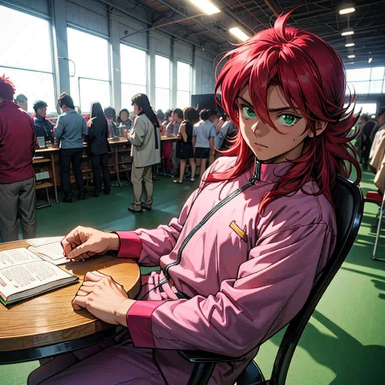 {{One boy, flower, Long Hair, Redhead, green eyes, Alone, Contrasting, pink , pink uniform,  anime style, (Comiket), table, chair, Books, indoor, photo background, indoor,