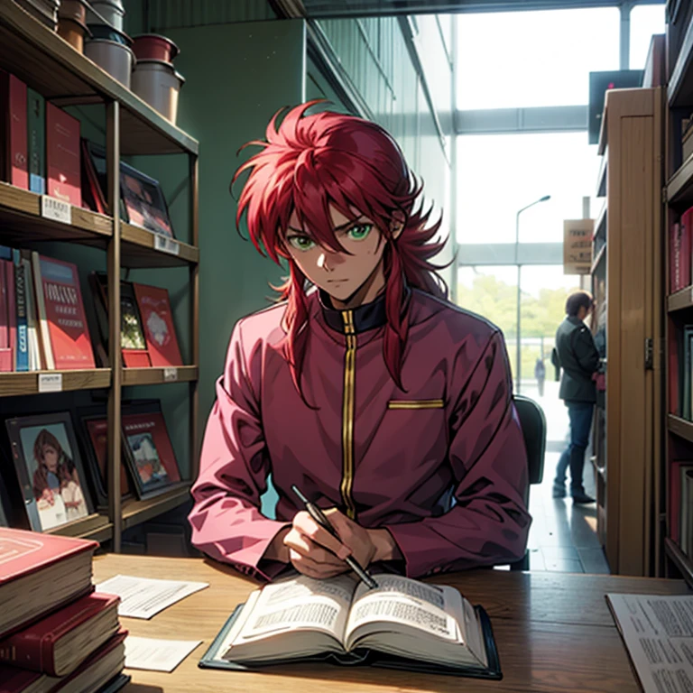 {{One boy, flower, Long Hair, Redhead, green eyes, Alone, Contrasting, pink , pink uniform,  anime style, (Comiket), table, chair, Books, indoor, photo background, indoor,