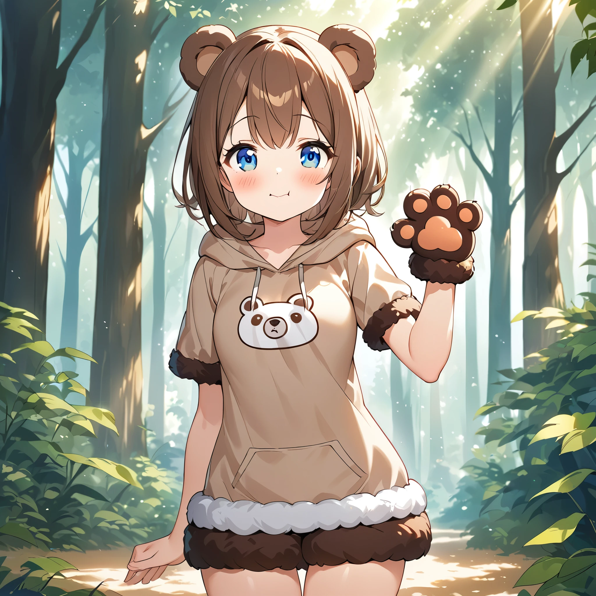 illustration, best quality, front view, 1girl, brown hair, bear-themed hoodie with ears, cute expression, blushing cheeks, playful pose with one hand raised in a paw-like gesture, revealing outfit with fur trim and bows, blue eyes, forest background with tall trees and soft sunlight filtering through leaves, dappled light on the ground, cozy and charming atmosphere, nature-inspired setting