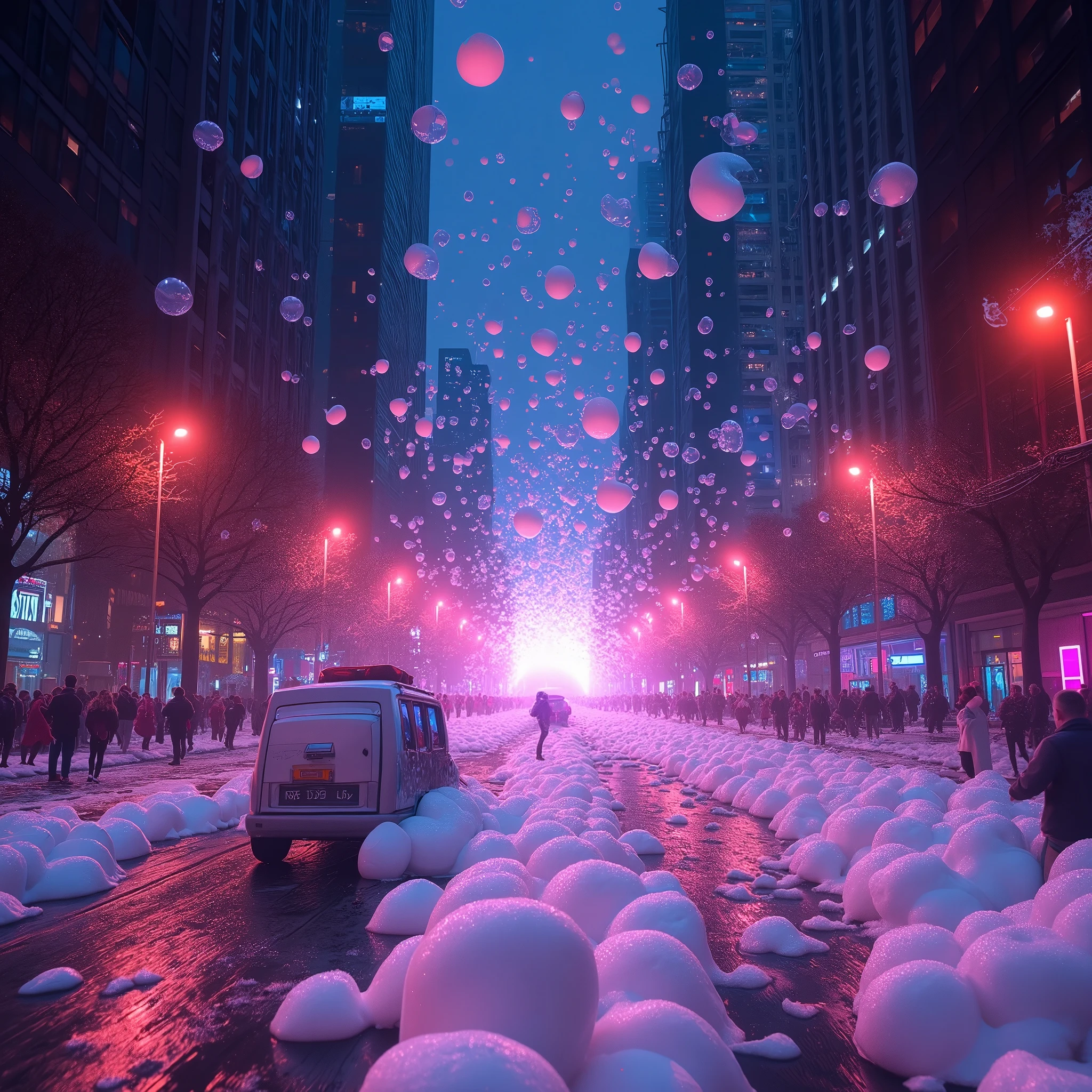 a large amount of glowing bubbles illuminated by neon lights, main street covered in foam from a malfunctioning building fire extinguisher system, vehicles and pedestrians covered in foam, neon-lit main street of a bustling metropolis, looking up at the towering skyscrapers along the main street, nighttime cityscape of skyscrapers and main street, shimmering bubbles and cityscape, a fantastical yet accident-ridden scene