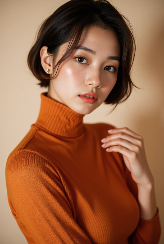 A stunning 1girl in her s, posing for a glamorous portrait photoshoot. She wears an orange turtleneck sweater up to her chin, revealing her beautiful face with mesmerizing earrings. Her short dark hair is perfectly mid-parted, and her cheeks have a subtle blush and goosebumps effect. The skin texture is textured, with realistic dull noise and visible detail, including skin fuzz and dryness. Her fingers are perfect, showcasing remarkable colors. She breaks away from the simple plain background to reveal a vintage-inspired uniform: a fitted blouse and high-waisted pants. The photo features an upper body framing within the rule of thirds, with soft bounced lighting enhancing the photorealistic details. The overall atmosphere is one of studio lightning, with the model's eyes standing out against a backdrop of satin-like quality. In a second scenario, she wears a SHINY copper ORANGE latex suit (Clear Glossy Molded Clear Plastic Catsuit) and strikes a dramatic pose in a torn, helmet-shaped swimsuit. Perfect lighting accentuates her figure, highlighting her huge breasts and captivating gaze. The overall effect is one of photorealistic perfection at 8k UHD resolution.