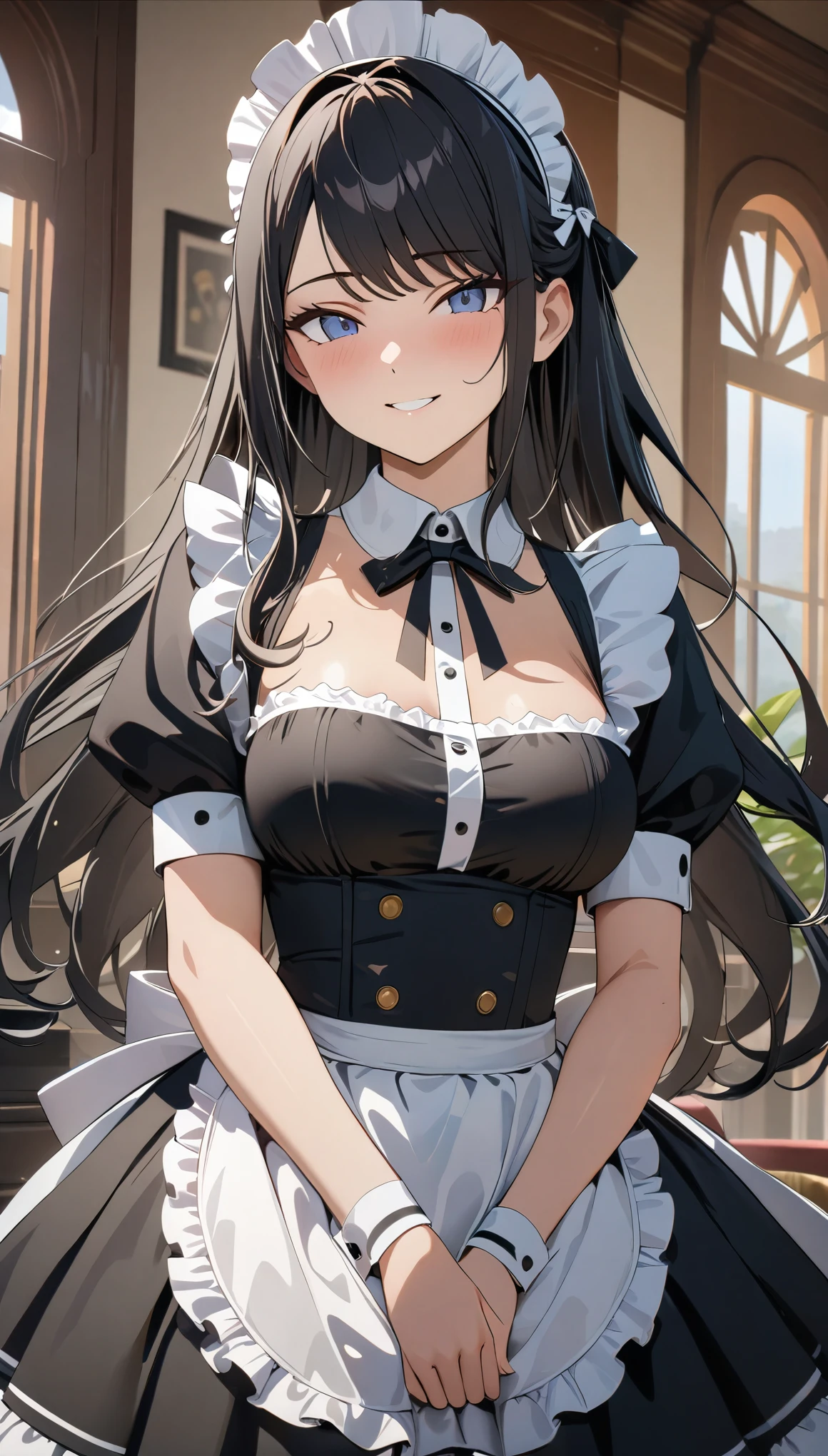 (((Best Quality, 8k, masterpiece: 1.3)), ((Best Quality)), ((masterpiece)), ( Details),  perfect face, Long black haired maid, She is looking at me, smile,  Ruffled Maid Outfit.  she serves the royal family,  Kampala,   textured skin  ,  anime style, Sparkling Hair, Long Hair, Maid Headdress