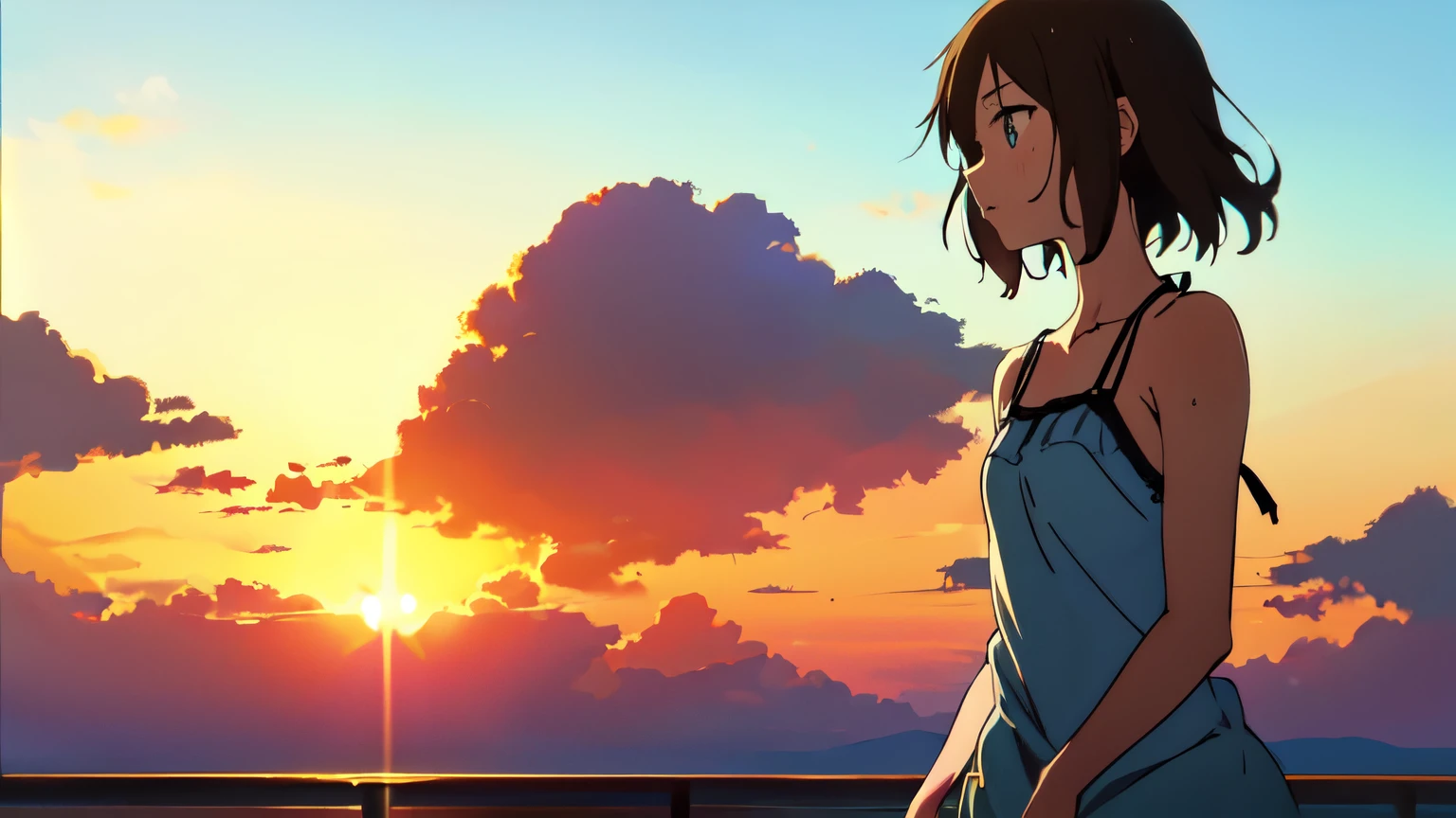 (Anime, Anime Art Style:1.2) Yuyushiki, Young Girl, , Sweaty, Camisole Dress, Seaside, Sunshine, (Looking Away:1.5),Blue Sky,Various Movements,From Below