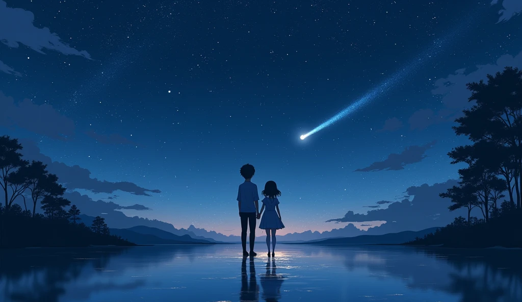 Under the Stars, a boy and a girl , The one standing in the middle of the lake
。

  The background is a starry sky，The two face the camera ,  and neither of them are showing their faces 。
  The sky is dotted with countless stars , A shooting star streaks across the sky,  lighting up the area next to the character's face .  when the couple's figure blends perfectly with the light in the distance， This magical and romantic atmosphere was even stronger , creating a mesmerizing composition。
 Generate image,  anime style, were inspired by the song "" IU and Suga 。
 Love stories for adult couples。  close-up of the protagonist standing with his back to the camera。