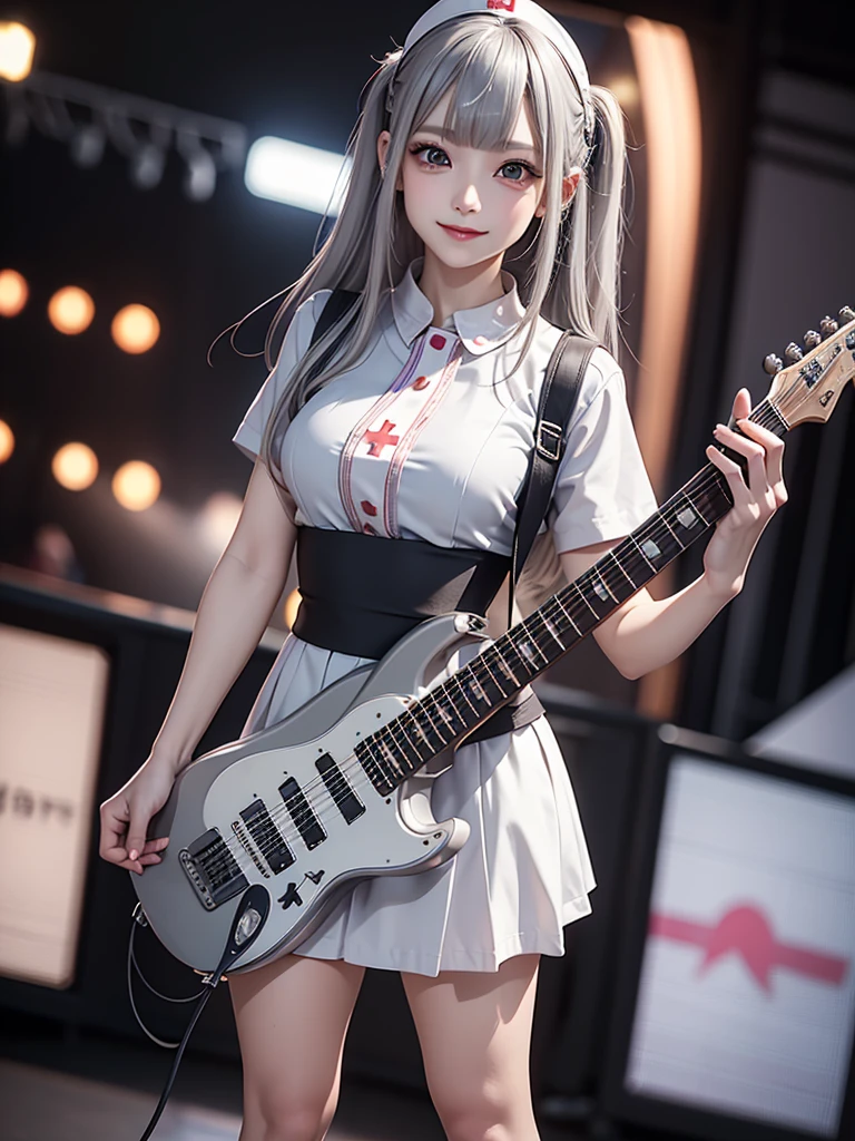 8k, Best Quality, The real picture,  complicated details, Very detailed,  ultra high resolution,  depth field , ( realistic, realistic),  table top to cover upper arms, (( Full Body Shot )), (((( standing and playing electric guitar)))), ((( 1 girl))), eye_Chan,  so beautiful, innocent big eyes, Beautiful breasts, 非常に詳細なeye, (Beautiful breasts), ((Silver Hair)), ( short semi long hair), ( asymmetrical bangs), Perfect Skin, Fair skin, Small breasts, Tight waist, Alone, ( Stares at Viewers), (smile), ((Nurse uniform)), (White micro mini tight skirt ), (Standing in the concert hall )