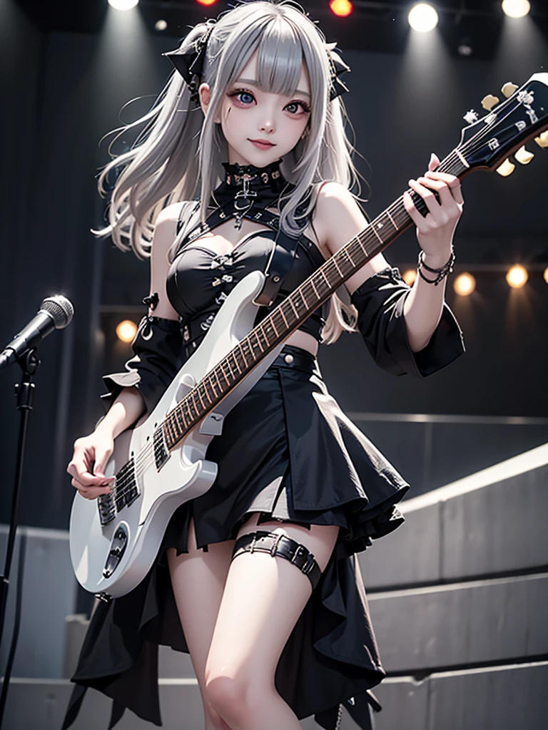 8k, Best Quality, The real picture,  complicated details, Very detailed,  ultra high resolution,  depth field , ( realistic, realistic),  table top to cover upper arms, (( Full Body Shot )), (((( standing and playing electric guitar)))), ((( 1 girl))), eye_Chan,  so beautiful, innocent big eyes, Beautiful breasts, 非常に詳細なeye, (Beautiful breasts), ((Silver Hair)), ( short semi long hair), ( asymmetrical bangs), Perfect Skin, Fair skin, Small breasts, Tight waist, Alone, ( Stares at Viewers), (smile), ((Gothic Punk Fashion)), (black micro mini tight skirt), (Standing in the concert hall )