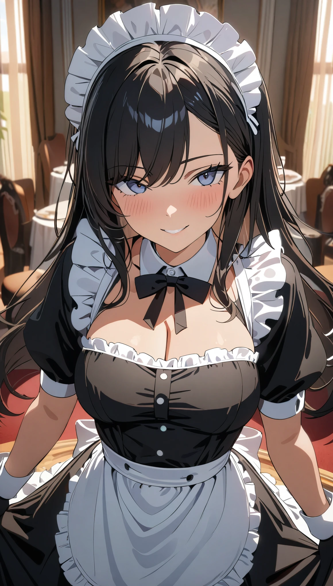 (((Best Quality, 8k, masterpiece: 1.3)), ((Best Quality)), ((masterpiece)), ( Details),  perfect face, Long black haired maid, She is looking at me, smile,  Ruffled Maid Outfit.  she serves the royal family,  Kampala,   textured skin  ,  anime style, Sparkling Hair, Long Hair, Maid Headdress