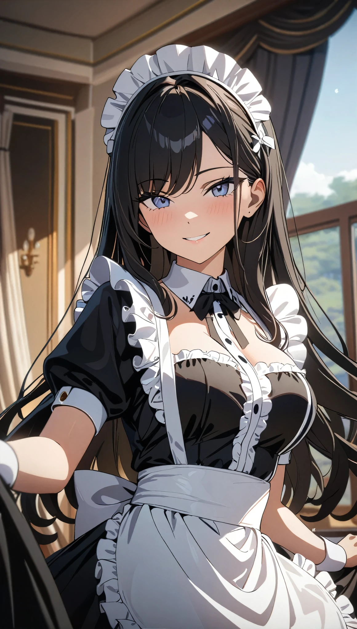 (((Best Quality, 8k, masterpiece: 1.3)), ((Best Quality)), ((masterpiece)), ( Details),  perfect face, Long black haired maid, She is looking at me, smile,  Ruffled Maid Outfit.  she serves the royal family,  Kampala,   textured skin  ,  anime style, Sparkling Hair, Long Hair, Maid Headdress