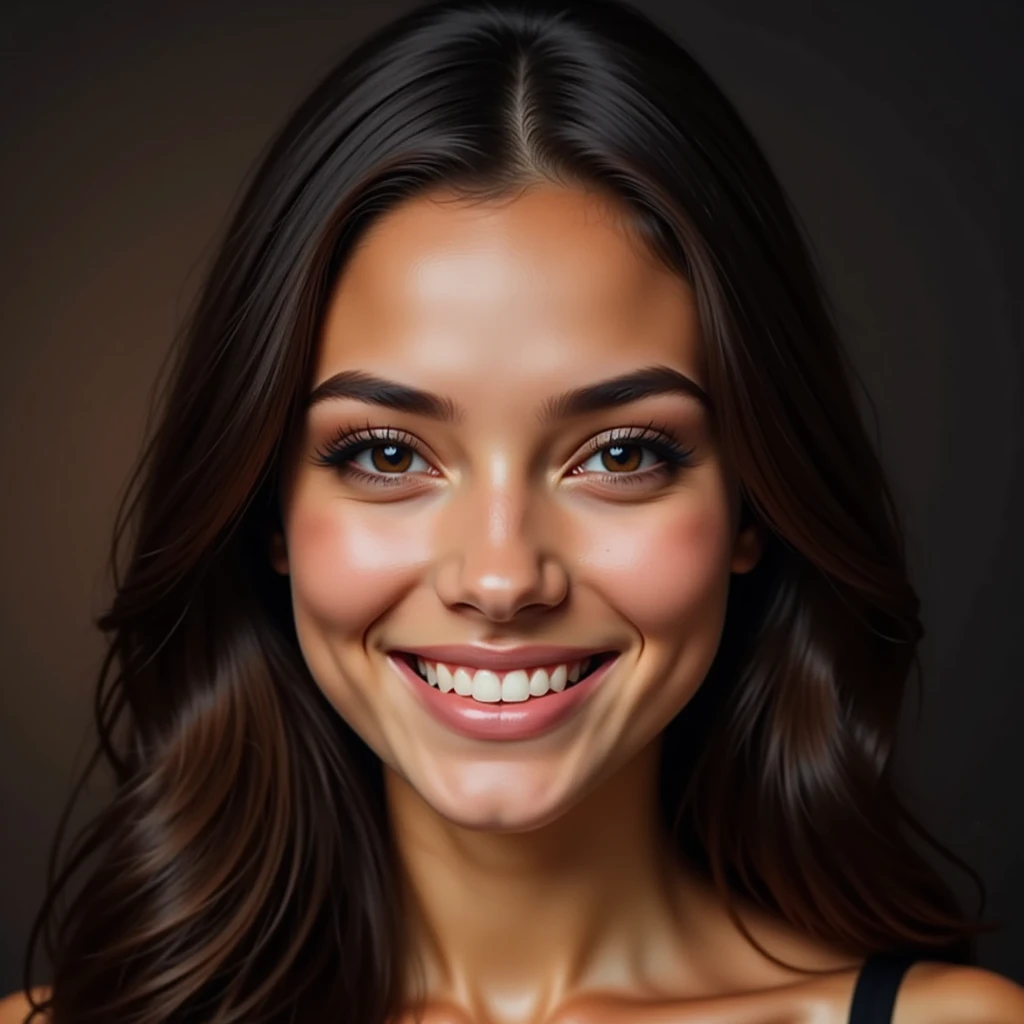  Medium short , hyperrealistic portrait of the beautiful Sofilo Bos in front of the camera with a happy facial expression with a beautiful smile.  natural front lighting.  folds of her lips ,  Detailed eyes ,  reflection in her pupils ,  extremely realistic and detailed eyebrows and eyelashes , blurred background, soft leather. 
