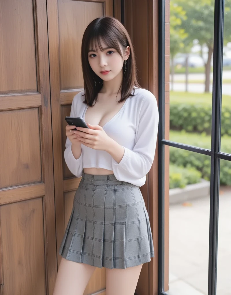 (outerwear is hoodie in soft cotton fabric long sleeves), (zip-up:1.2), (inner wear is a white collared-shirt), (school uniform white shirt collar:0.8), gray plaid pattern pleated mini skirt, white loose socks, long socks, black pumps, 1girl, 25years old woman, (perfectly detailed face), White skin, (bright lighting:1.2), perfect lighting, ((Healthy and slim body)), Cleavage and collarbone, leaning against a wall and looking at his mobile phone, half body photo, cowboy shot, photorealistic, (bokeh), depth of field, UHD, anatomically correct, masterpiece, 4K