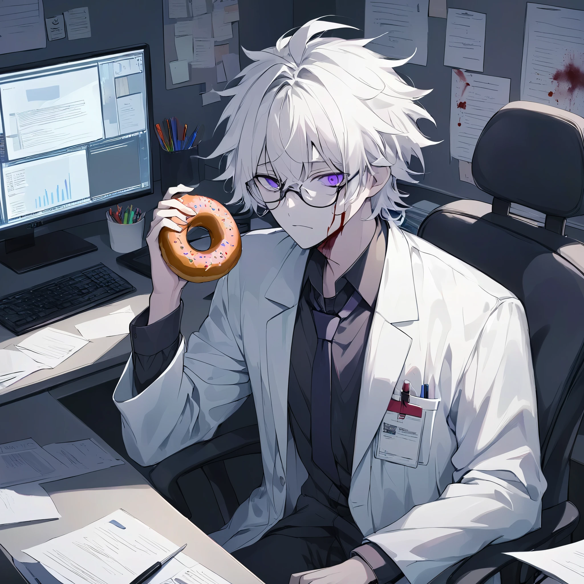 masterpiece, best quality, upper body, 1boy, white messy hair, glasses, lab coat with blood stains, holding donut, relaxed pose, sitting in office chair, dark office setting, computer monitor, files and shelves in background, cold lighting, tired expression, eerie atmosphere, subtle horror theme, quiet and unsettling scene, birthday message on wall, late night work vibe  