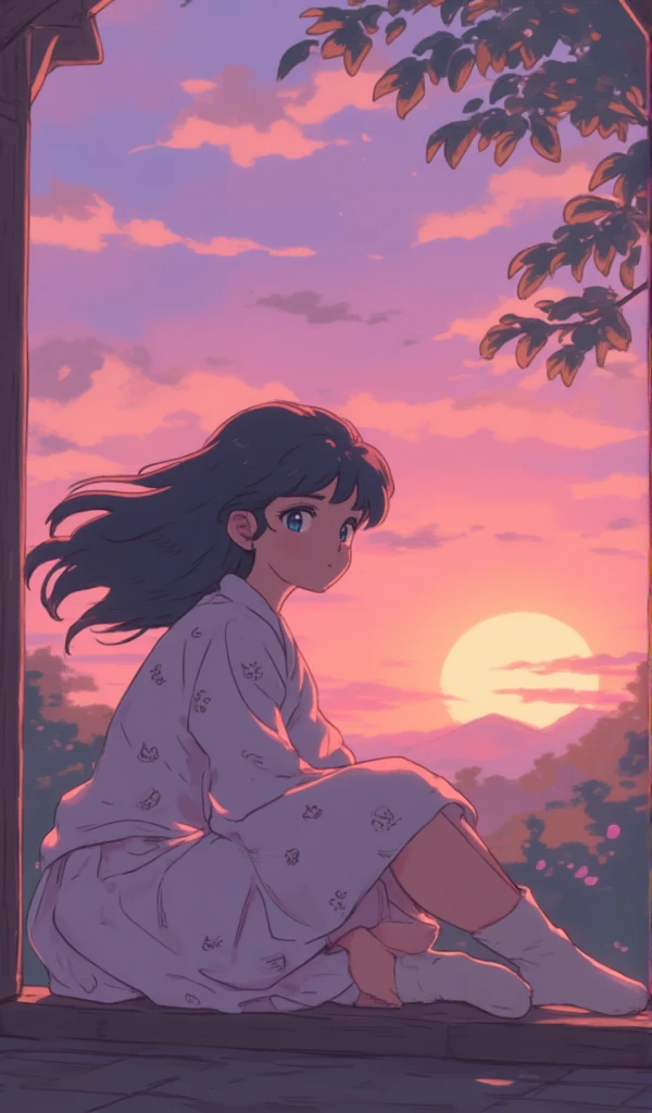  A beautiful young Japanese woman.
 black hair , far away, fluttering. 
honey-colored eyes, expressive, deep,  Cintilante, obfuscating.
 She is wearing a white dress with a cat print and white socks .
Ela esta sentada na varanda de sua casa admirando o por do sol  Cintilante, obfuscating, lilac and orange gradient . 
 The leaves of the trees fall in the wind breeze .
A magical scene