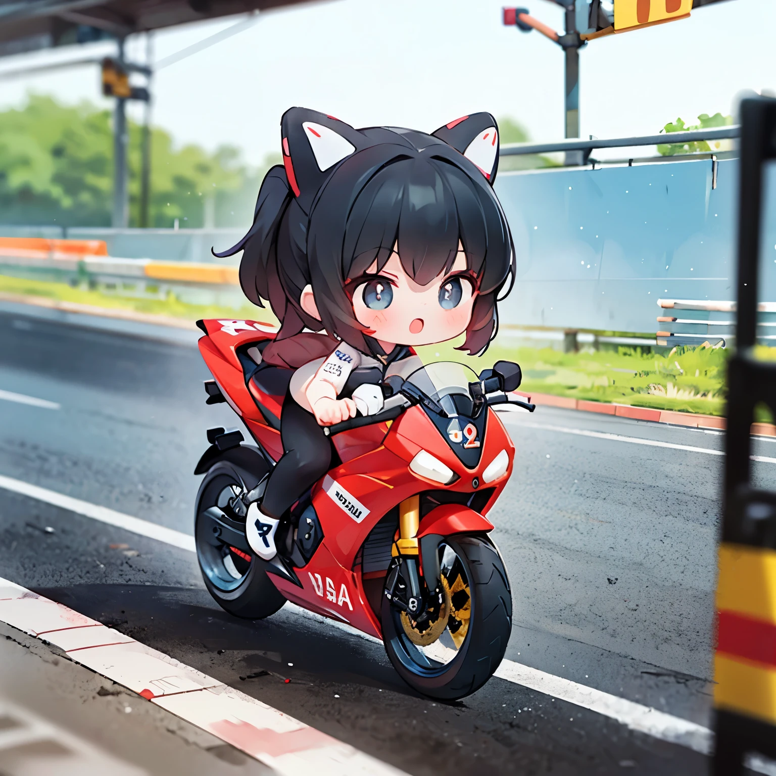  tiny mascot girl , Rear view of a female racer racing on a road bike, Black Hair ,  semi-long,  stylish, Road Bike Racing, Behind the scenes of several road racers engaged in a heated battle, speed, Elevate your mood,  Panoramic View,  Rear view of a female racer chasing another female racer running in front of her, Tracking from behind , Rear view，