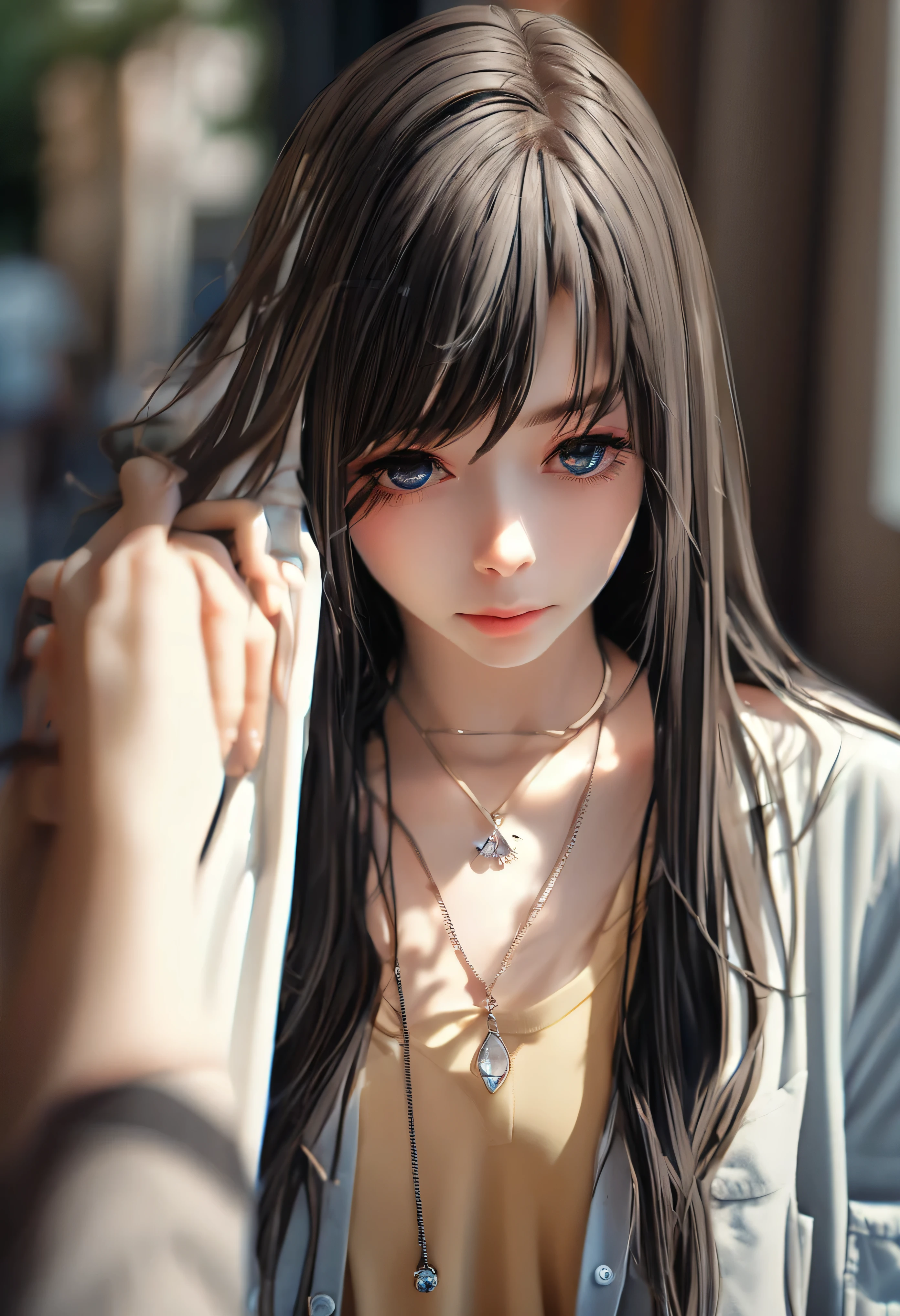 a close up of a woman with long hair and a necklace, cute natural anime face, realistic anime 3 d style, stunning anime face portrait, realistic young anime girl, hyper realistic anime, 3 d anime realistic, kawaii realistic portrait, photorealistic anime, beautiful anime face, anime girl in real life, realistic anime face, realistic anime, realistic - anime, beautiful anime girl