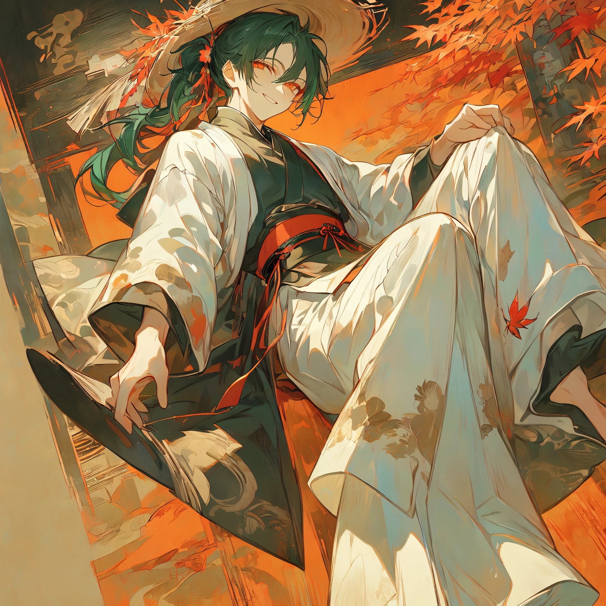 masterpiece, best quality, full body, 1boy, traditional clothing, relaxed pose, holding a straw hat, dark green hair in a ponytail, smiling expression, ornate patterns, decorative border, autumn leaves background, warm color palette, Japanese aesthetic, rustic and earthy tones, detailed fabric texture, calm and nostalgic atmosphere, illustrated style, serene and graceful vibe  