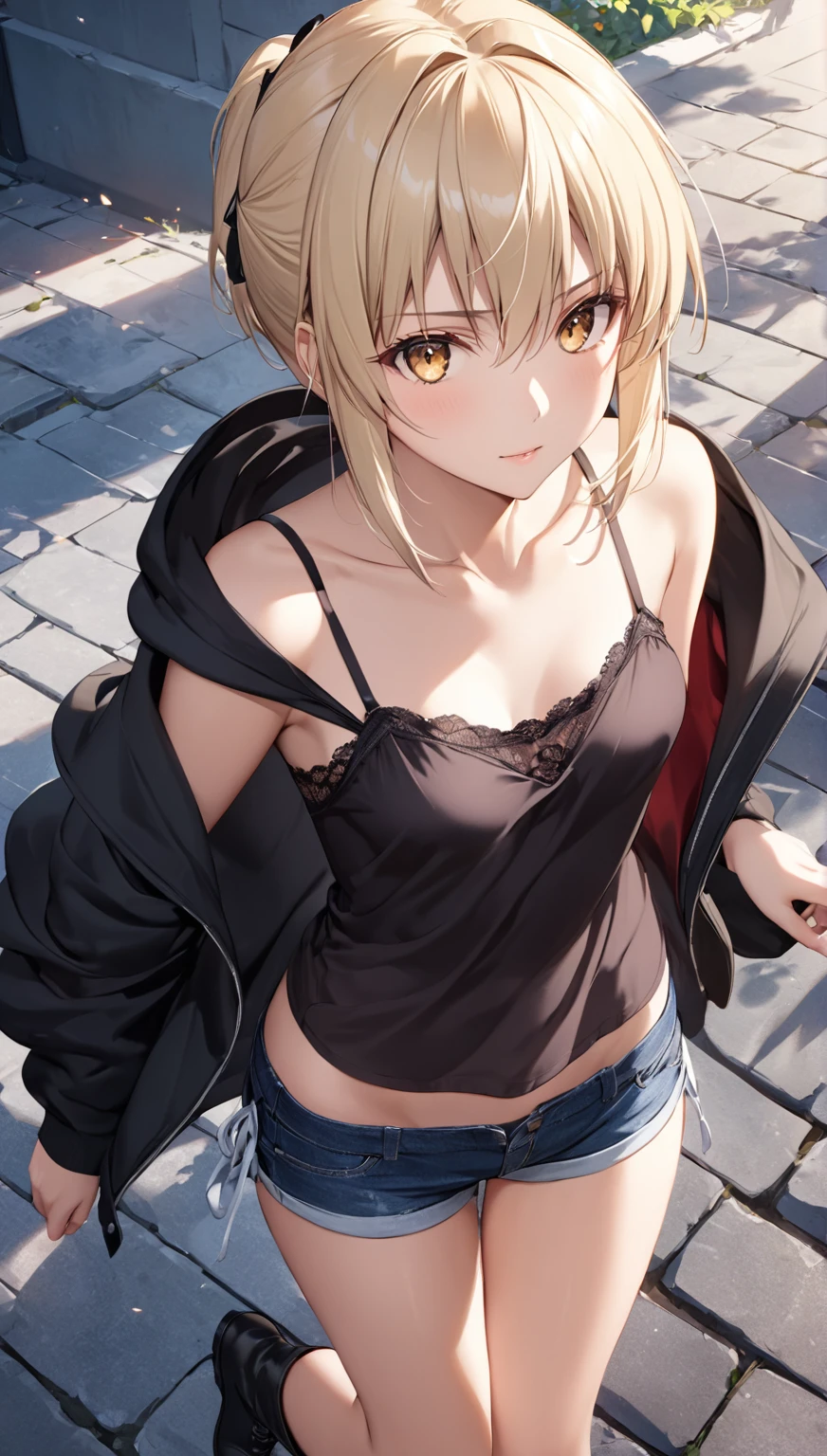 artoria pendragon alter fate,Fate/Grand Order, golden eyes, blond hair, horsetail, black string ribbon, black hoodie, camisole, shorts, knee length boots, around 20 years old, thin body, small breasts, Only the upper body and head can be seen, Top view, incredibly detailed, Perfect body, girlan extremely delicate and beautiful girl, teenage girl, outdoors, extremely detailed, wallpaper 8k CG, extremely CG,