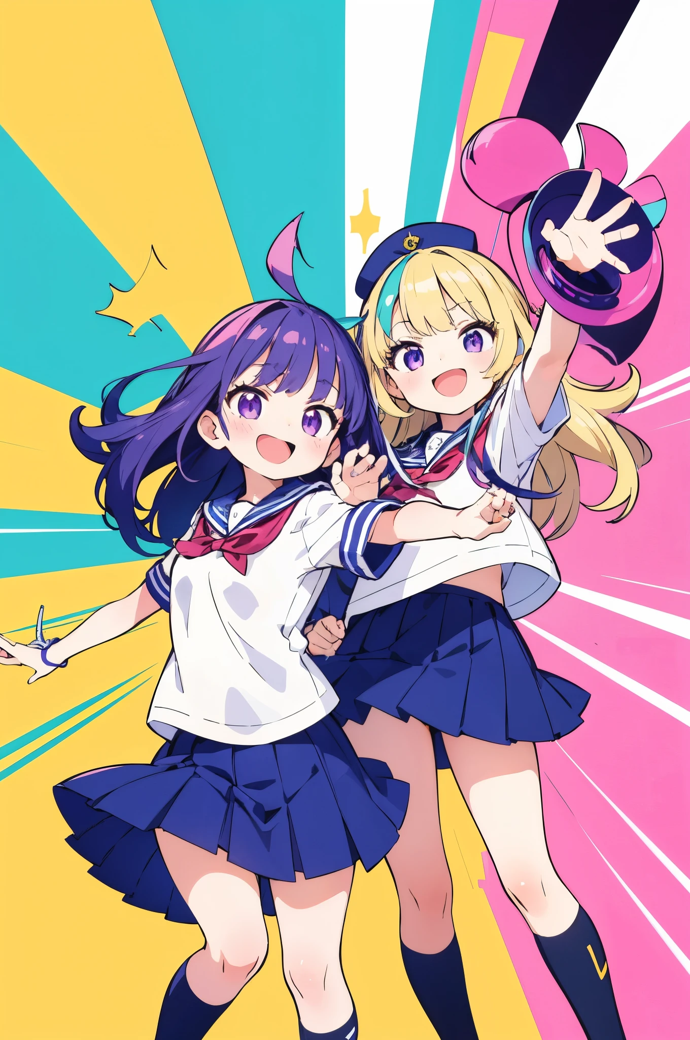 masterpiece, best quality, two girls, cheerful expressions, holding megaphones, dynamic pose, purple and teal hair, school uniforms, vibrant background, pop art style, colorful geometric shapes, lively and energetic atmosphere, winking, playful mood, modern anime style, youthful vibe, bold outlines, high contrast, fun and expressive scene  