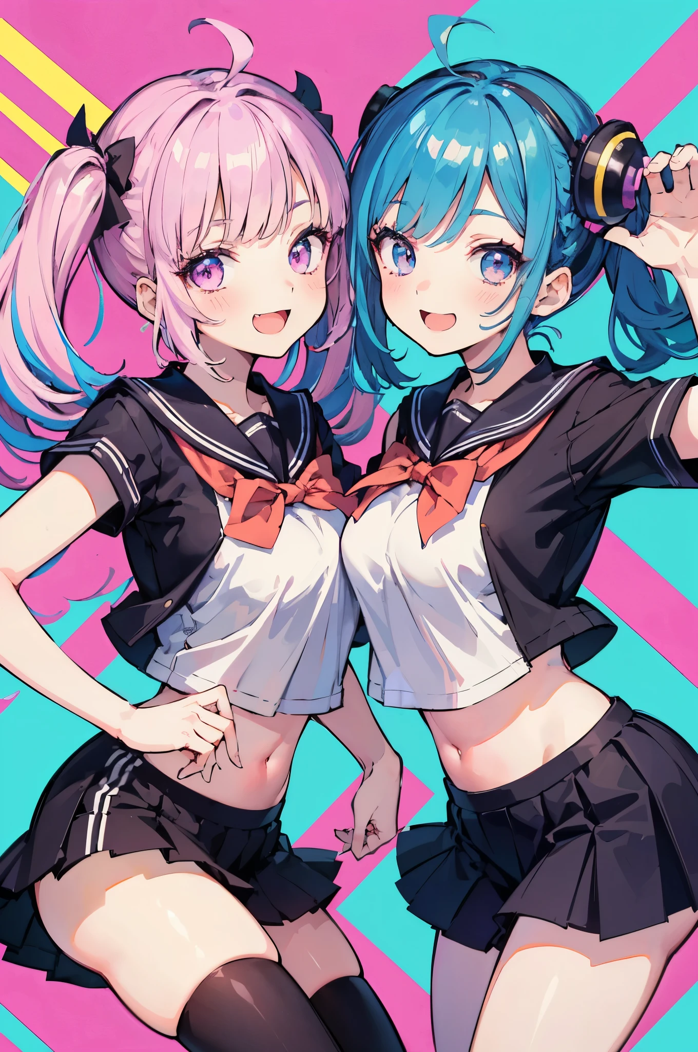 masterpiece, best quality, two girls, cheerful expressions, holding megaphones, dynamic pose, purple and teal hair, school uniforms, vibrant background, pop art style, colorful geometric shapes, lively and energetic atmosphere, winking, playful mood, modern anime style, youthful vibe, bold outlines, high contrast, fun and expressive scene  