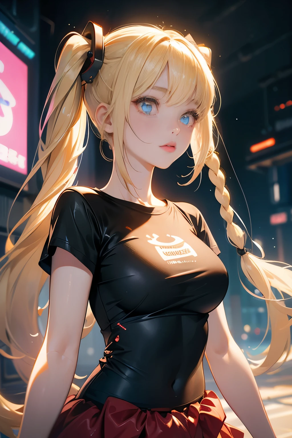 Optimal,masterpiece, Kampala,Best Quality,Hyper HD,Super detailed,Awards,16k,Alone,( upper body), correct anatomy, Beautiful Cyberpunk Girls, cowboy shot、Cute face,,blonde、Long Hair、 twin tails、( Had:1.5)、 braid, Hairline,((Scarlet ( shouko shoku)Eyes)), long eyelashes , Beautiful Cyberpunk Girls with Droopy Eyes , white skin,Shoot from the side, (( tight t-shirt :1.5)), ((Transparent nipples))、rocket , ((Big Breasts)),