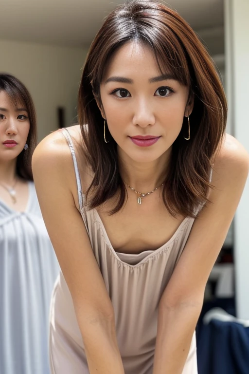 (realistic, photo-realistic:1.37), (best quality, masterpiece:1.2), RAW photo, high resolution, intricate details, extremely detailed, insanely detailed, incredibly detailed, finely detailed, looking at the camera, solo, a 40 years old Japanese mature woman, (face focus, standing with leaning forward, downblouse, braless:1.8), (smaller breasts, tiny breasts, flat chest, poor size bust:1.5), (nipple slip, thin nipples visible), slim, thin, slender, dark hair, detailed face, detailed eyes, pale skin, cheerful grin, necklace, bracelet, earrings, jewelry,(seductive clothes:1.6),photo background, indoors, home, 