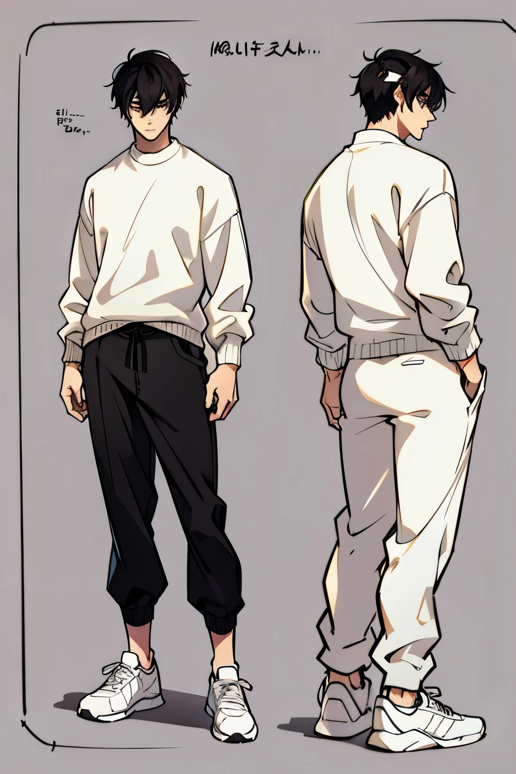 Character Sheet, Character Design, male, 20 years old, black hair, modern clothes, white sweater, black pants, white shoes