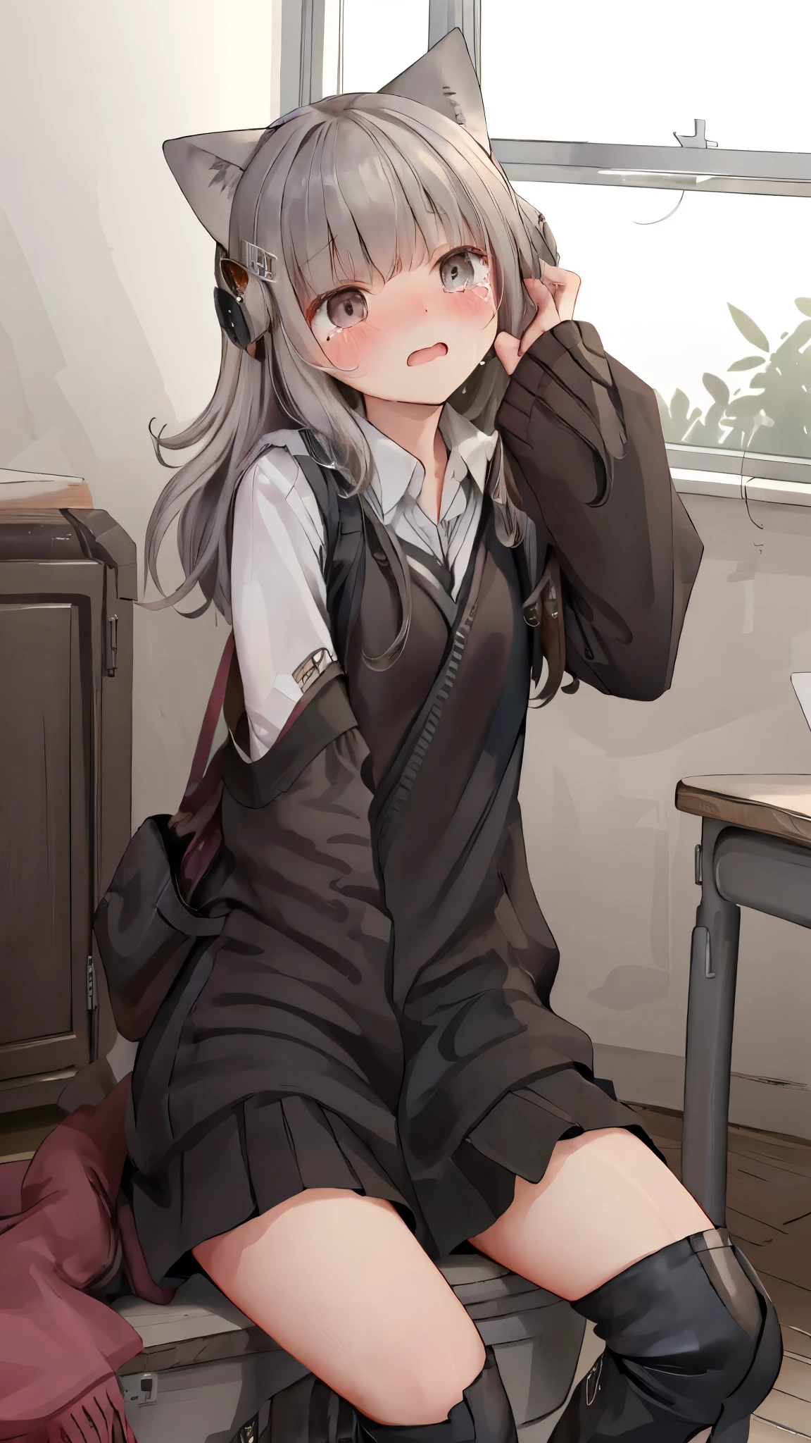 ，Shy，blush，，  black boots ，classroom场景，For the audience，，，blush害羞，classroom scene，girl，，((absurd)), ((On the table)), ( best quality ), ( Lens Flare), (  super detailed ), (Fair), ((cute girl)), solitary, Fair face, White skin, On the table, (: 1.3), , 、A girl goes to the toilet、 eternal, cry,  Close Your Eyes ,  tears streaming out of her eyes , The embarrassment comes from, blush), (girl is peeing: 1.2),, Look away, sit, Awkward, blush, Mouth slightly open, classroom (girl leaking urine): 1.5),cat girl，cat，Tail