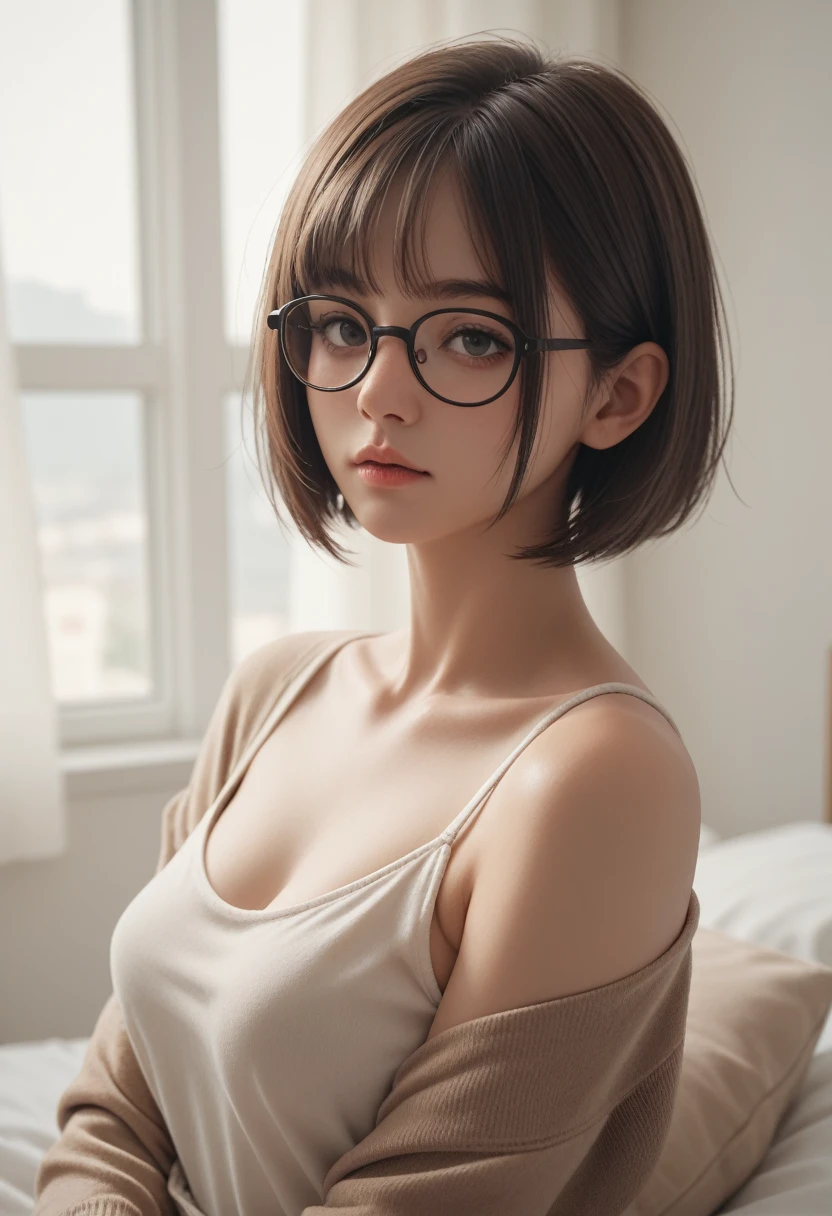 bob cut,medium breasts,Glasses