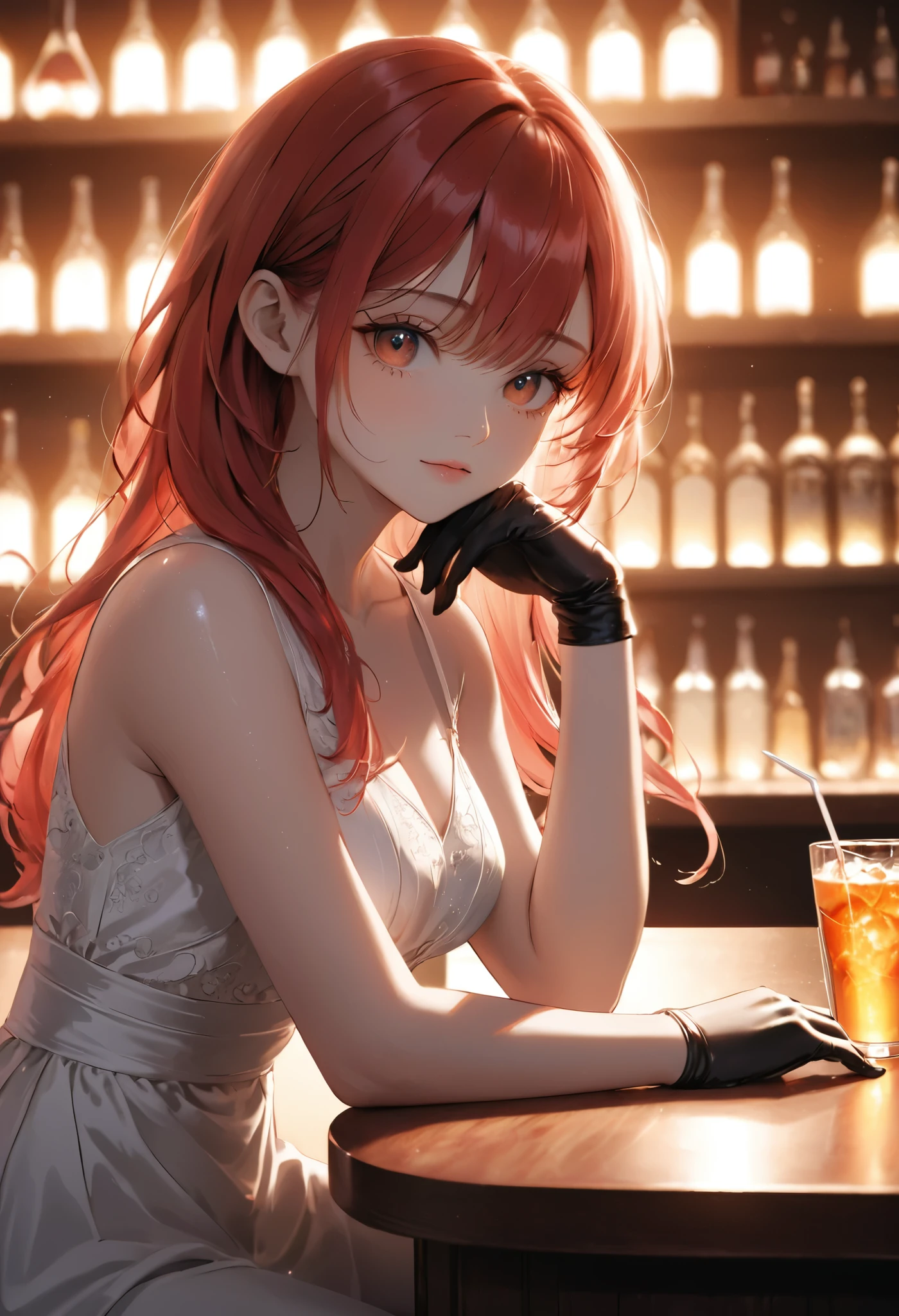 masterpiece, best quality, close-up, 1girl, red hair, human, resting head on hand, wearing elegant white dress and long black gloves, confident and aloof expression, sitting at bar counter, neon-lit background, modern and moody atmosphere, cherry-topped drink on counter, soft lighting with lens flare, stylish and mature vibe, casual pose, detailed bar interior, warm and cool color contrast  