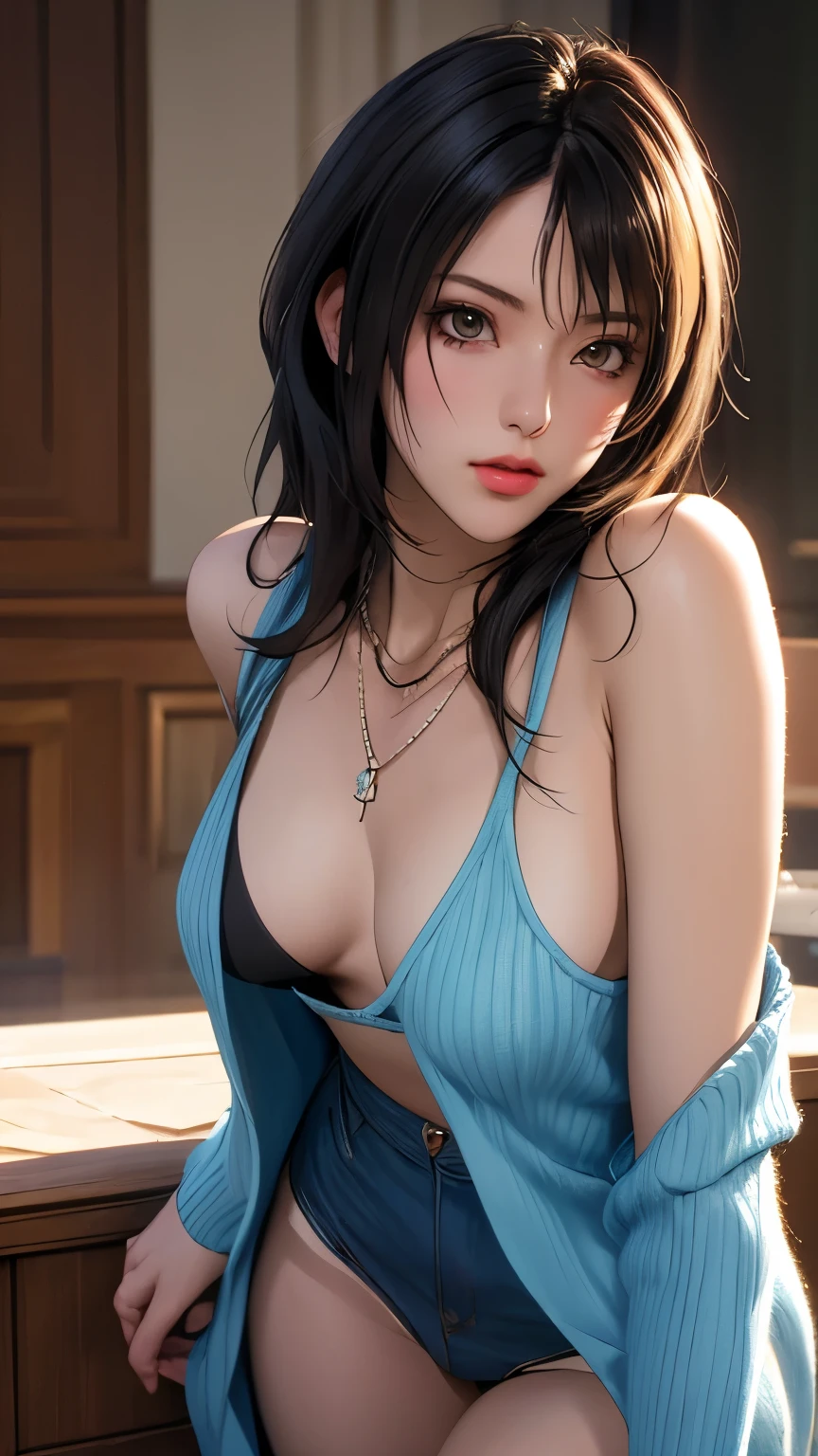 Rinoa, Blue Duster, Blue wristband,  necklace, portrait body, Black panties,  Unparalleled masterpiece ,  Ultra-realistic 8K CG , perfect artwork, clean, Beautiful Face, Pure Face, Pale skin,   Intricate Details , reputation, nice, luxury, Luxurious ballroom