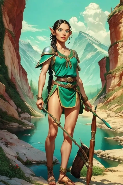 a beautiful young elf girl, long black braided hair, pointed ears, turquoise blue eyes, thin lips, round face, petite figure, wearing a green archer's tunic, belt with accessories, quiver of arrows, detailed bow, sandals, fantasy elf outpost setting