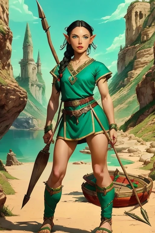 a beautiful young elf girl, long black braided hair, pointed ears, turquoise blue eyes, thin lips, round face, petite figure, wearing a green archer's tunic, belt with accessories, quiver of arrows, detailed bow, sandals, fantasy elf outpost setting