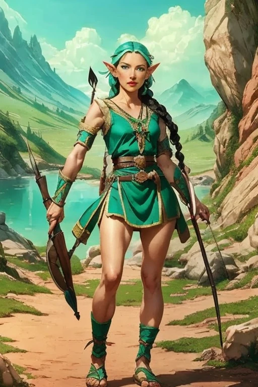 a beautiful young elf girl, long black braided hair, pointed ears, turquoise blue eyes, thin lips, round face, petite figure, wearing a green archer's tunic, belt with accessories, quiver of arrows, detailed bow, sandals, fantasy elf outpost setting