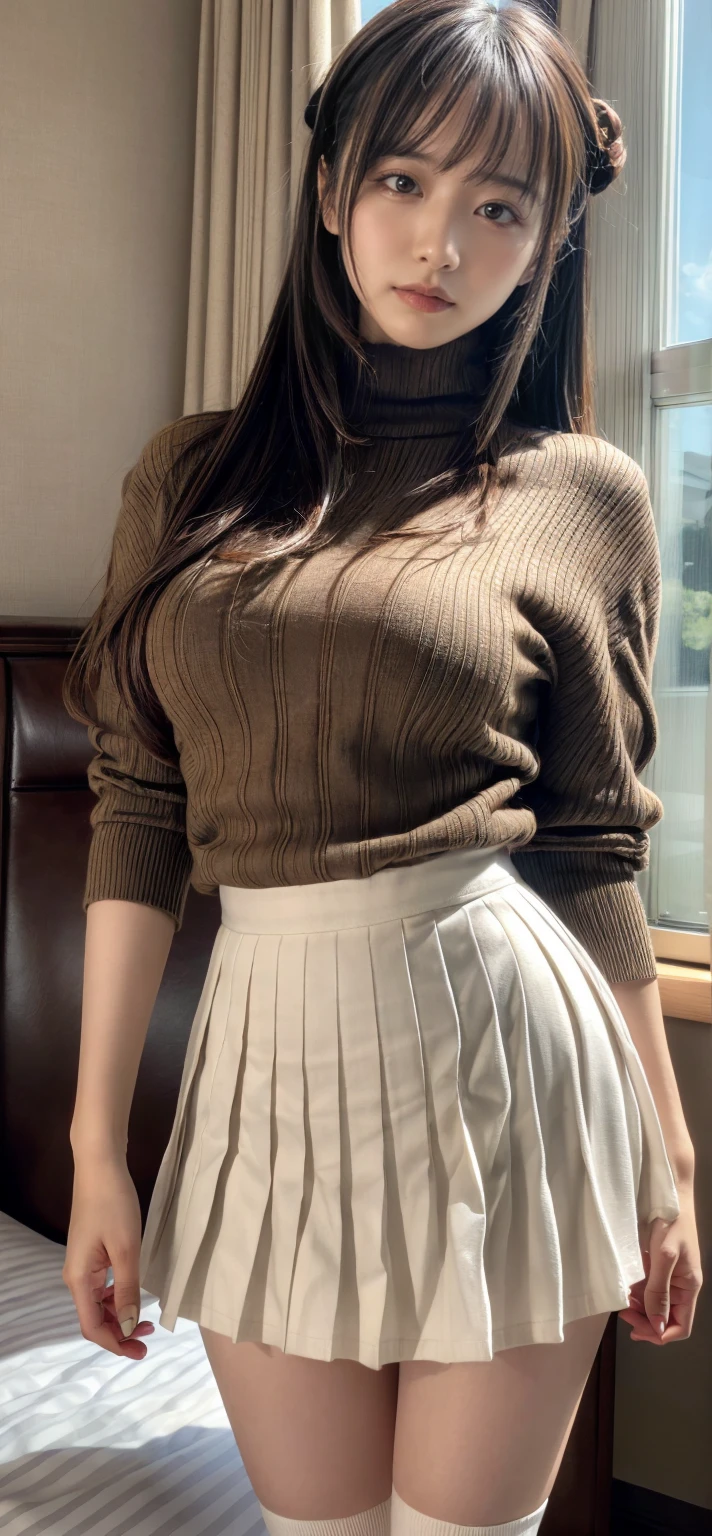 ((mesa, mejor calidad, high resolution, nffsw, pixel perfect, 4k, nffsw, nffsw))), 1 chica en, soltero, Solo, belleza、cuerpo completo visto、 ((Cabello Ondulado Medio, golpes, By the chestnut)), ((de ojos marrones, beautiful eyelashes, ojos realistas)), ((cara detallada, rubor:1.2)), ((textura suave:0.75, textura realista:0.65, fotorrealista:1.1, estilo anime generado por computadora)), pechos medianos, dynamic angle, cuerpo perfecto, ((pajarita roja, , chaqueta negra, chaqueta abierta, brown cardigan, Camisa blanca, Falda negra, faldas a cuadros)), escalera de la ciudad、Mirando hacia arriba desde el pie de las escaleras.、very embarrassing panic smile., volteado、bending forward、(The wind blew up my skirt and exposed my butt.........................、Tocar las nalgas con ambas manos.、bragas de encaje floral rosa)、