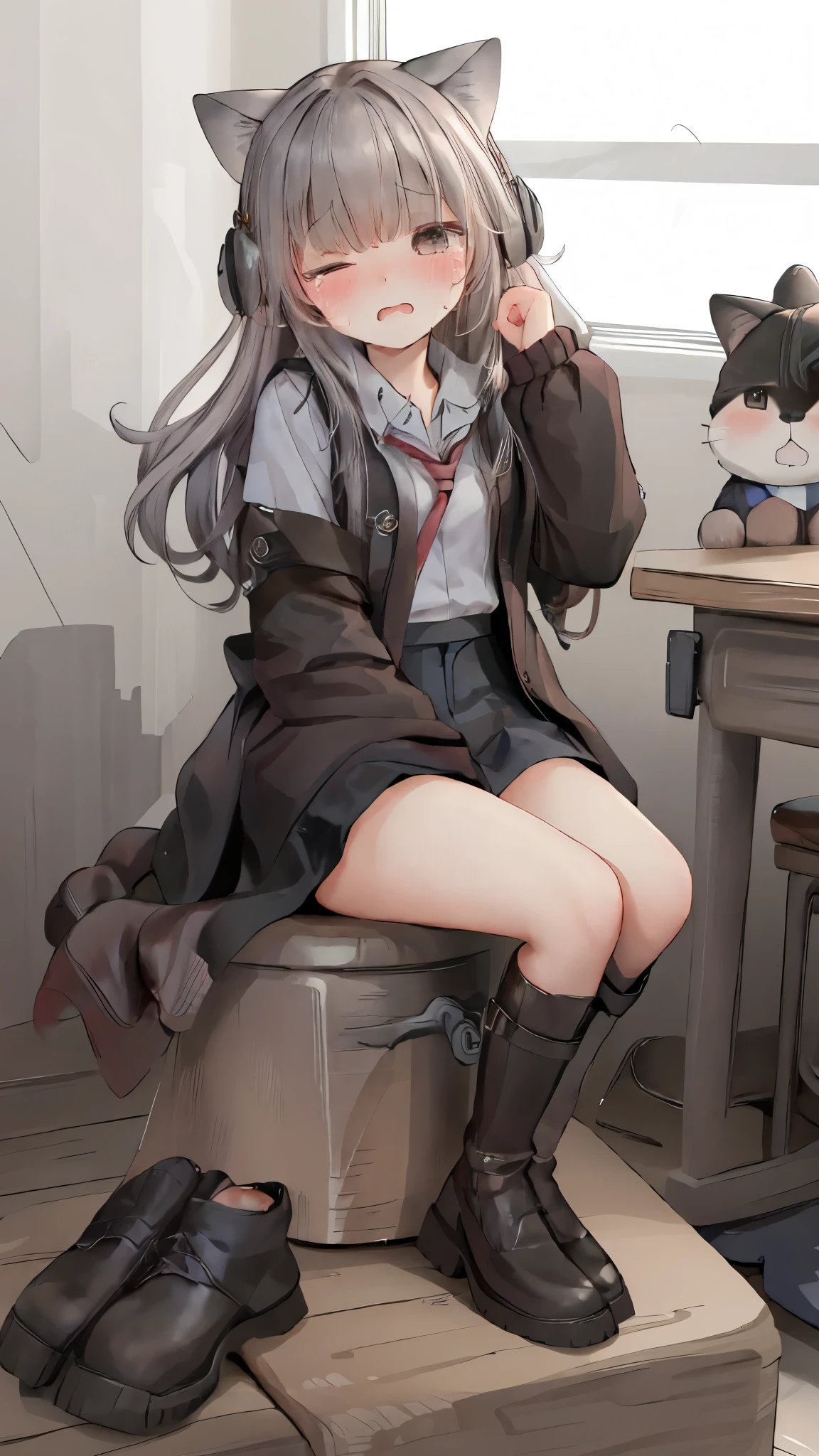 ，Shy，blush，，  black boots ，classroom场景，For the audience，，，blush害羞，classroom scene，girl，，((absurd)), ((On the table)), ( best quality ), ( Lens Flare), (  super detailed ), (Fair), ((cute girl)), solitary, Fair face, White skin, On the table, (: 1.3), , 、A girl goes to the toilet、 eternal, cry,  Close Your Eyes ,  tears streaming out of her eyes , The embarrassment comes from, blush), (girl is peeing: 1.2),, Look away, sit, Awkward, blush, Mouth slightly open, classroom (girl leaking urine): 1.5),cat girl，cat，Tail