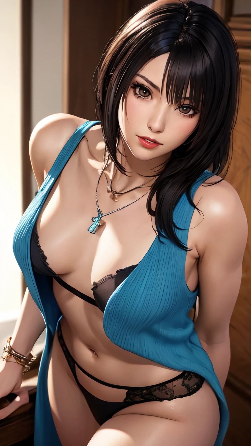 Rinoa, Blue Duster, Blue wristband,  necklace, portrait body, Black panties,  Unparalleled masterpiece ,  Ultra-realistic 8K CG , perfect artwork, clean, Beautiful Face, Pure Face, Pale skin,   Intricate Details , reputation, nice, luxury, Luxurious ballroom