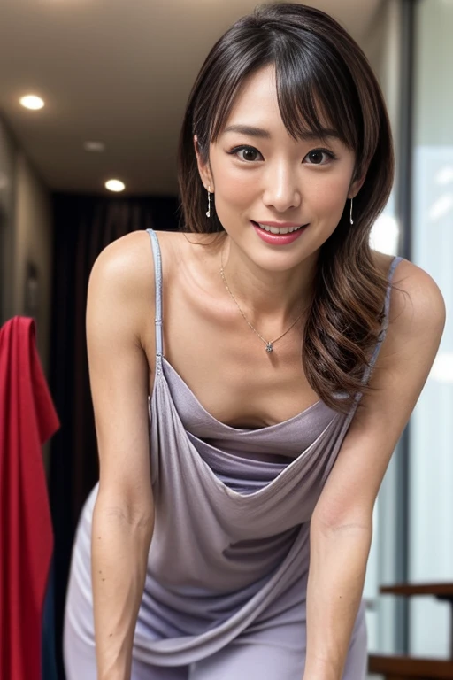 (realistic, photo-realistic:1.37), (best quality, masterpiece:1.2), RAW photo, high resolution, intricate details, extremely detailed, insanely detailed, incredibly detailed, finely detailed, looking at the camera, solo, a 40 years old Japanese mature woman, (face focus, standing with leaning forward, downblouse, braless:1.8), (smaller breasts, tiny breasts, flat chest, poor size bust:1.5), (nipple slip, thin nipples:1.2), slim, thin, slender, dark hair, detailed face, detailed eyes, pale skin, cheerful grin, necklace, bracelet, earrings, jewelry,(seductive clothes:1.6),photo background, indoors, home, 