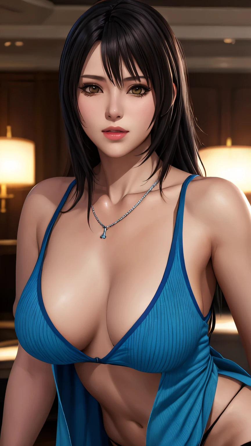 Rinoa, Blue Duster, Blue wristband,  necklace, portrait body, Black panties,  Unparalleled masterpiece ,  Ultra-realistic 8K CG , perfect artwork, clean, Beautiful Face, Pure Face, Pale skin,   Intricate Details , reputation, nice, luxury, Luxurious ballroom