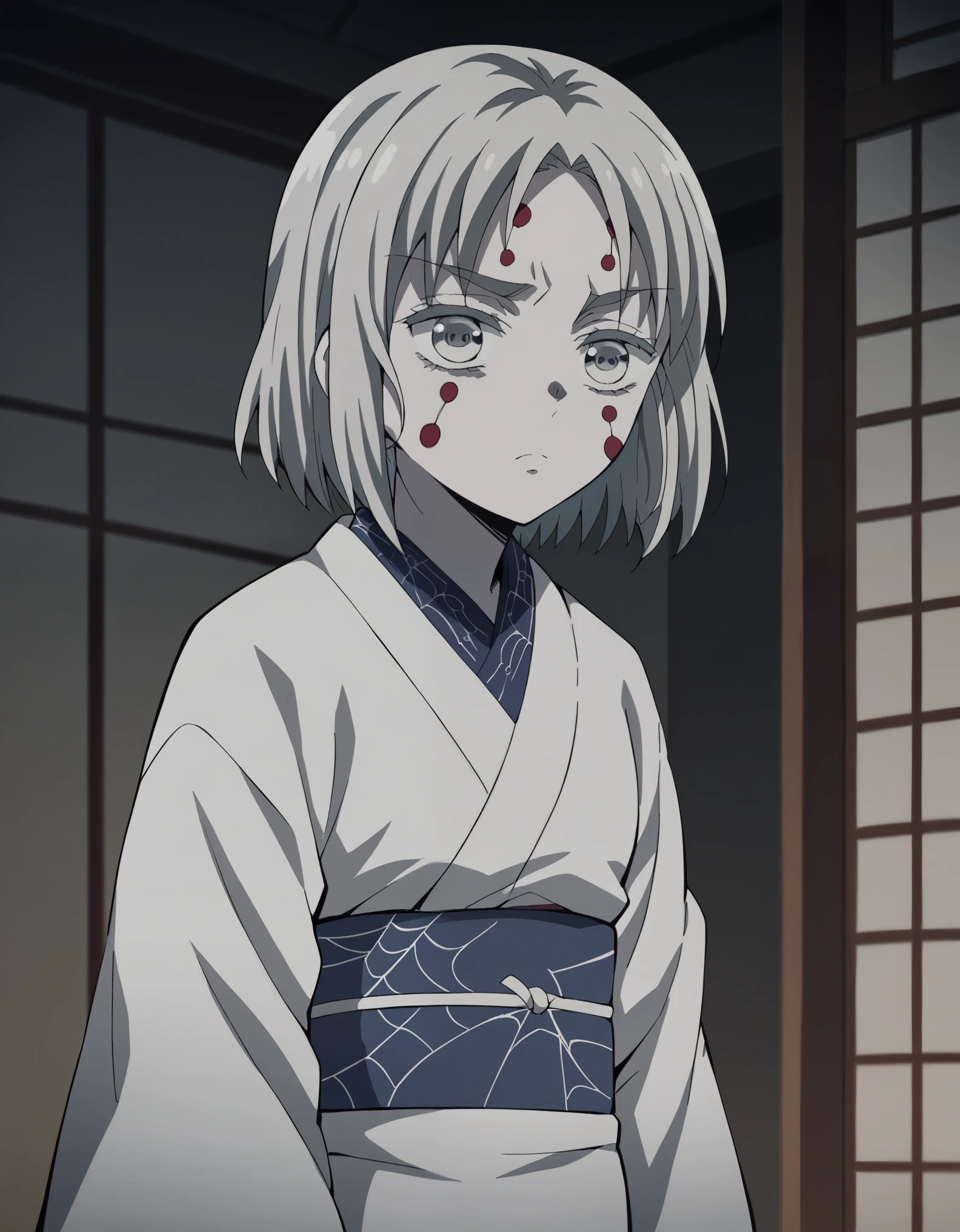  score_9,  score_8_up,  score_7_up, sauce_Anime,姉のSpider Demon, Spider Demon,  short hairパーマ,  Hair Ornament ,  short hair, Gray Hair, Grey Eyes,  facial mark,  thick eyebrows,  pure white and pale skin, long sleeve,  clevis,  JEWELRY, kimono, sash, heart,indoor, bed, bed room, Aside,Alone,  watching viewers ,  cowboy shot,  Dutch angle,Suzune Horikita