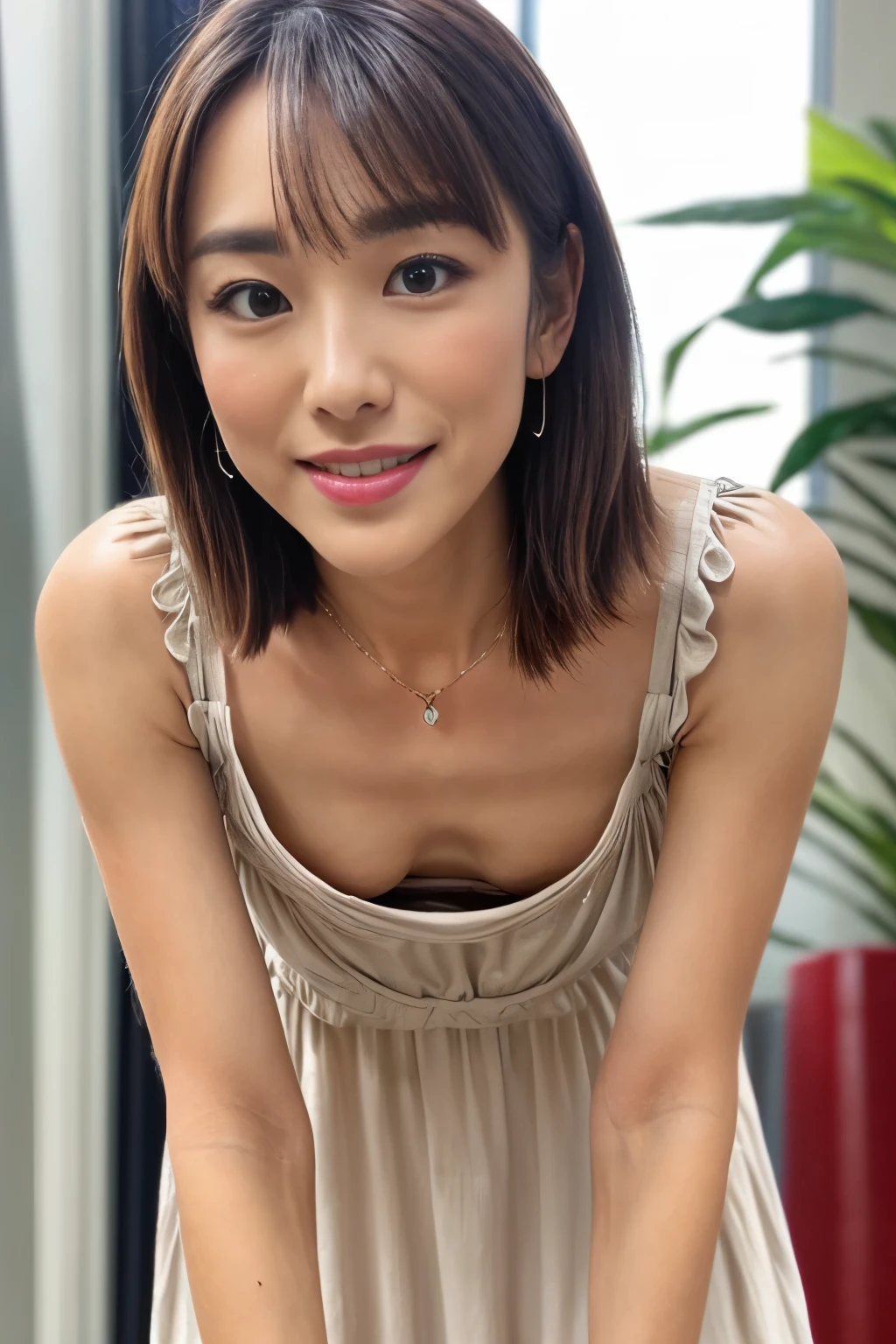 (realistic, photo-realistic:1.37), (best quality, masterpiece:1.2), RAW photo, high resolution, intricate details, extremely detailed, insanely detailed, incredibly detailed, finely detailed, looking at the camera, solo, a 40 years old Japanese mature woman, (face focus, standing with leaning forward, loose sundress, downblouse, braless:1.8), (smaller breasts, tiny breasts, flat chest, poor size bust:1.5), (nipple slip, thin nipples:1.2), slim, thin, slender, dark hair, detailed face, detailed eyes, pale skin, cheerful grin, necklace, bracelet, earrings, jewelry,,photo background, indoors, home, 