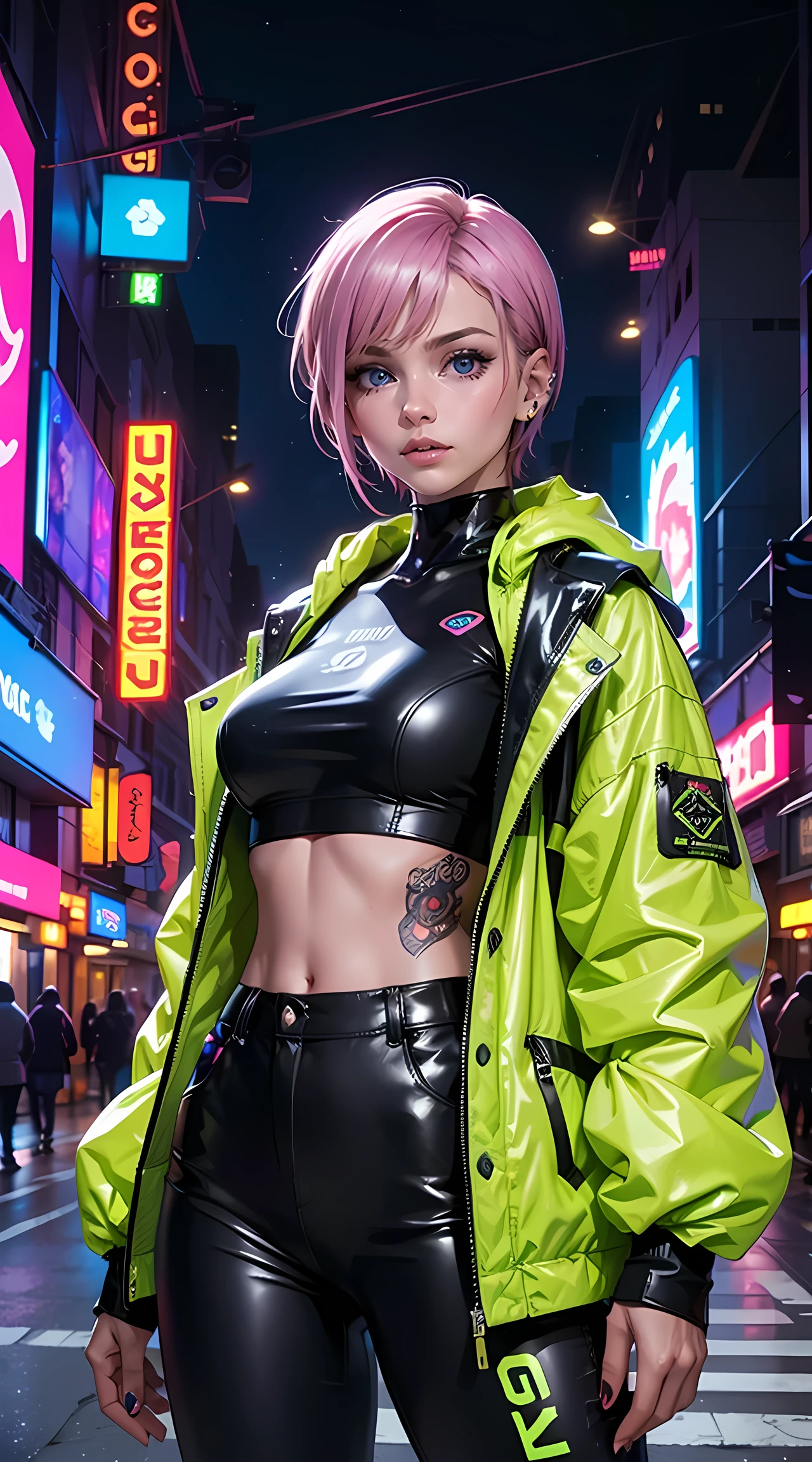 Beautiful short hair woman is shown to have a tiny figure, colorful hair, wearing future yellow cyber city clothes, big yellow colorful puffy jacket, lots of facial piercings, tattoos, neon city, cybernetics, she has blue eyes, sexy session, elegant posing, cowboy shot, superior quality, many details, realistic,