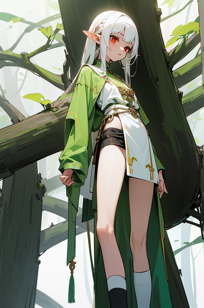 (Extremely delicate and beautiful:1.2),1girll,Not exposed,Cover your thighs ,Covers most of the waist,High-chested bandeau,long white hair,High ponytail,Bow and arrow in hand,metal decoration,Anklets,Bracelet,Dark green lined cloak,brown clothes,Dark green bandeau,Dark shawl,Lilac eyes,with a round face,ssmile,Surrounded by falling flowers,long cape,Sit on a tree trunk,Clothes cover the legs,Exotic,Covers part of the waist,metal headband,There are floral ornaments on the hair,Metal leg ring,Pedras preciosas,Sit on a tree,ssmile,forest backgrou