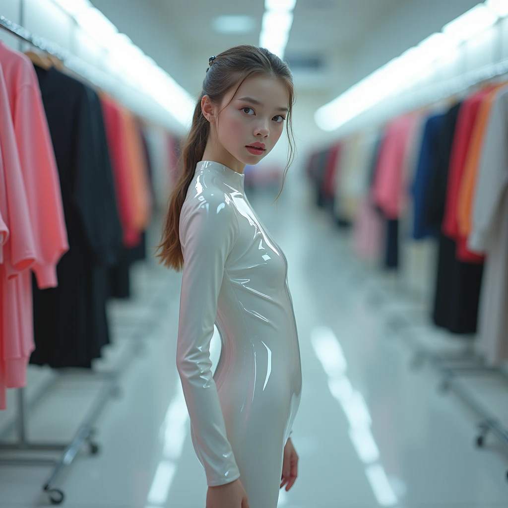 Three View,In a subway car,in the crowd, One with a high ponytail、The pure white girl stood holding the armrest,Wearing glasses,Gold chain rimless glasses,Her clothes were soaked with water,Wet body,When dripping,The whole body is covered with pure white liquid. She wears transparent clothes,Pure white spacesuit,Clothes with full zippers,vivd colour,realistic quality, NSFW,