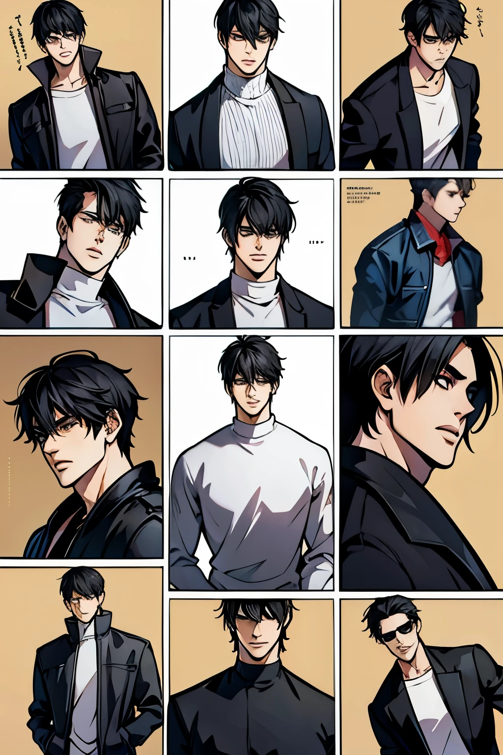 Character Sheet, Character Design, male, 20 years old, black hair, modern clothes, white sweater, black pants, white shoes, emotion chart, emotion sheet, different angles, multiple angles