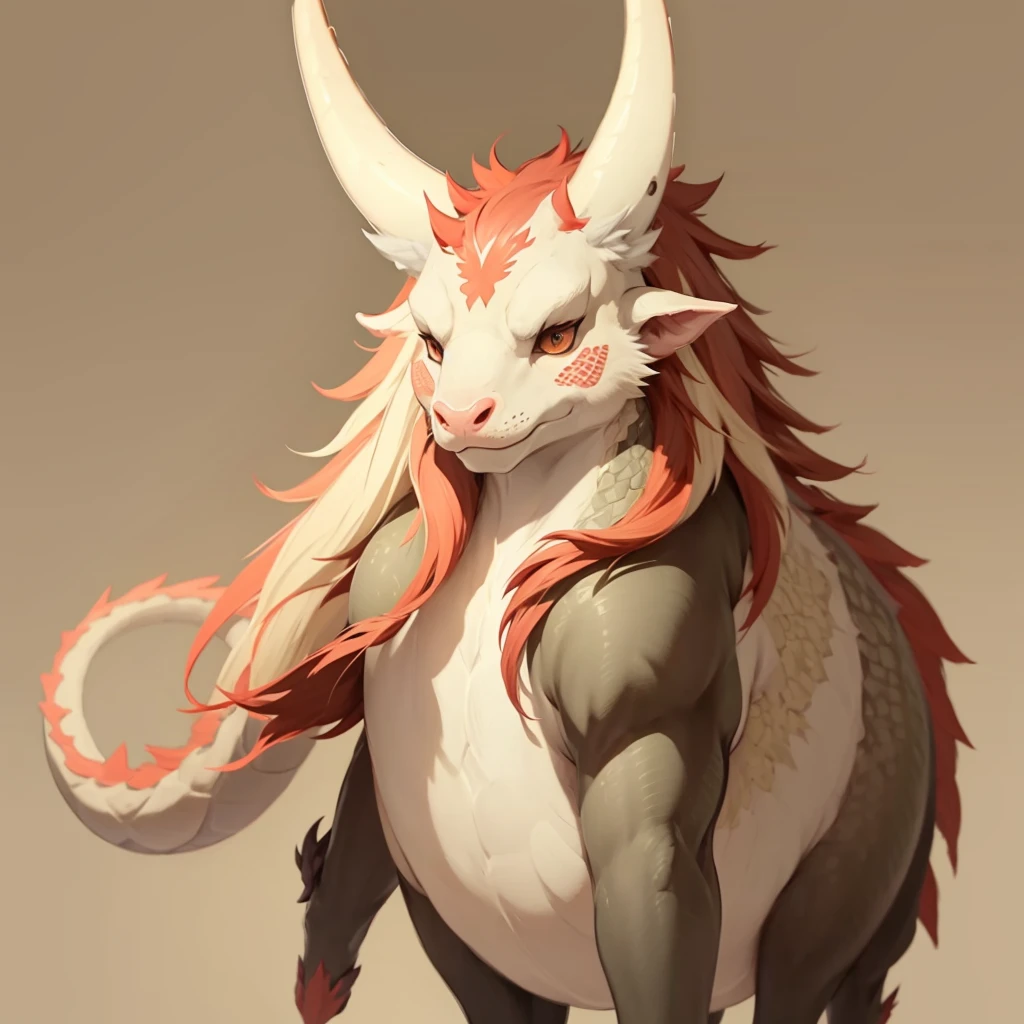 Draw a texture on the background、
 has horns growing from the head 、 manes 、Long neck,A dragon with short legs、
