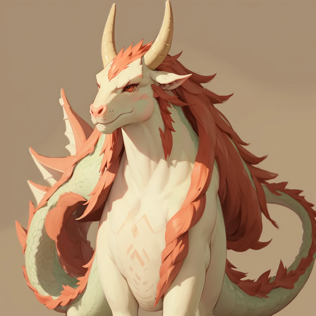 Draw a texture on the background、
 has horns growing from the head 、 manes 、Long neck,A dragon with short legs、
