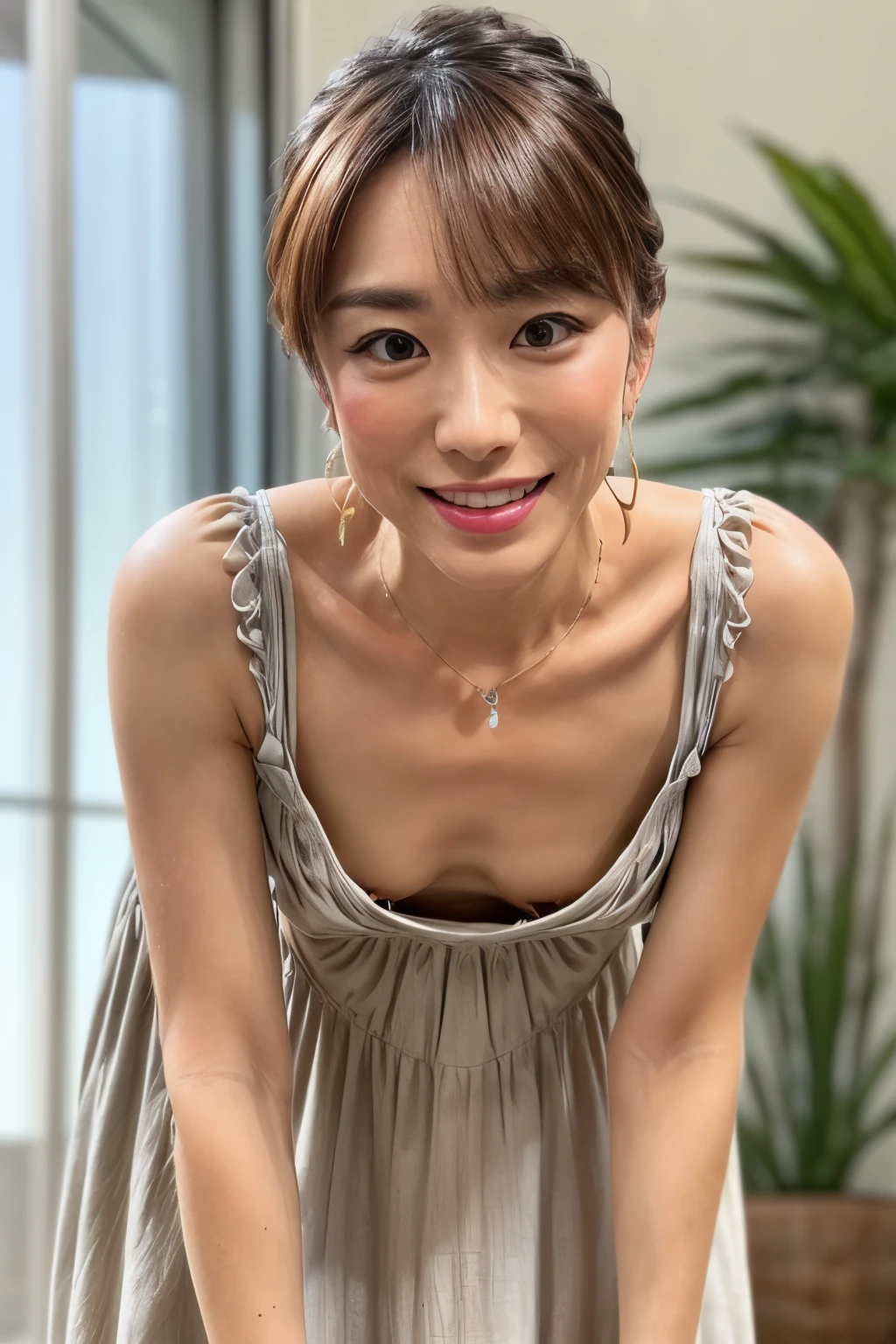 (realistic, photo-realistic:1.37), (best quality, masterpiece:1.2), RAW photo, high resolution, intricate details, extremely detailed, insanely detailed, incredibly detailed, finely detailed, looking at the camera, solo, a 40 years old Japanese mature woman, (face focus, standing with leaning forward, loose sundress, downblouse, braless:1.8), (flat chest, poor size bust:1.5), (nipple slip, thin nipples:1.2), slim, thin, slender, dark hair, detailed face, detailed eyes, pale skin, cheerful grin, necklace, bracelet, earrings, jewelry,,photo background, indoors, home, 