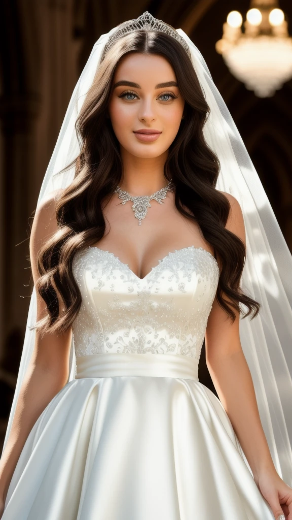 portrait photo of LanaRhoades beautiful woman, makeup, wearing a white satin ballgown wedding dress, opera gloves, veil, tiara, bow belt, holding bouquet, walking down the aisle in a grand cathedral, realistic, HD, 4k, crisp resolution,  masterpiece, best quality, ultra-detailed, ultra high res, (photorealistic:1.4), raw photo, (realistic:0.2), CG, {4k|8k} HDR, perfect lighting, 1girl, solo, looking at viewer,  (detailed background :1.1), 
Necklace, Sweet Smile, (masterpiece) (best quality) (detailed) (8k) (HDR) (wallpaper) (cinematic lighting) (sharp focus) (intricate) Long Hair, 