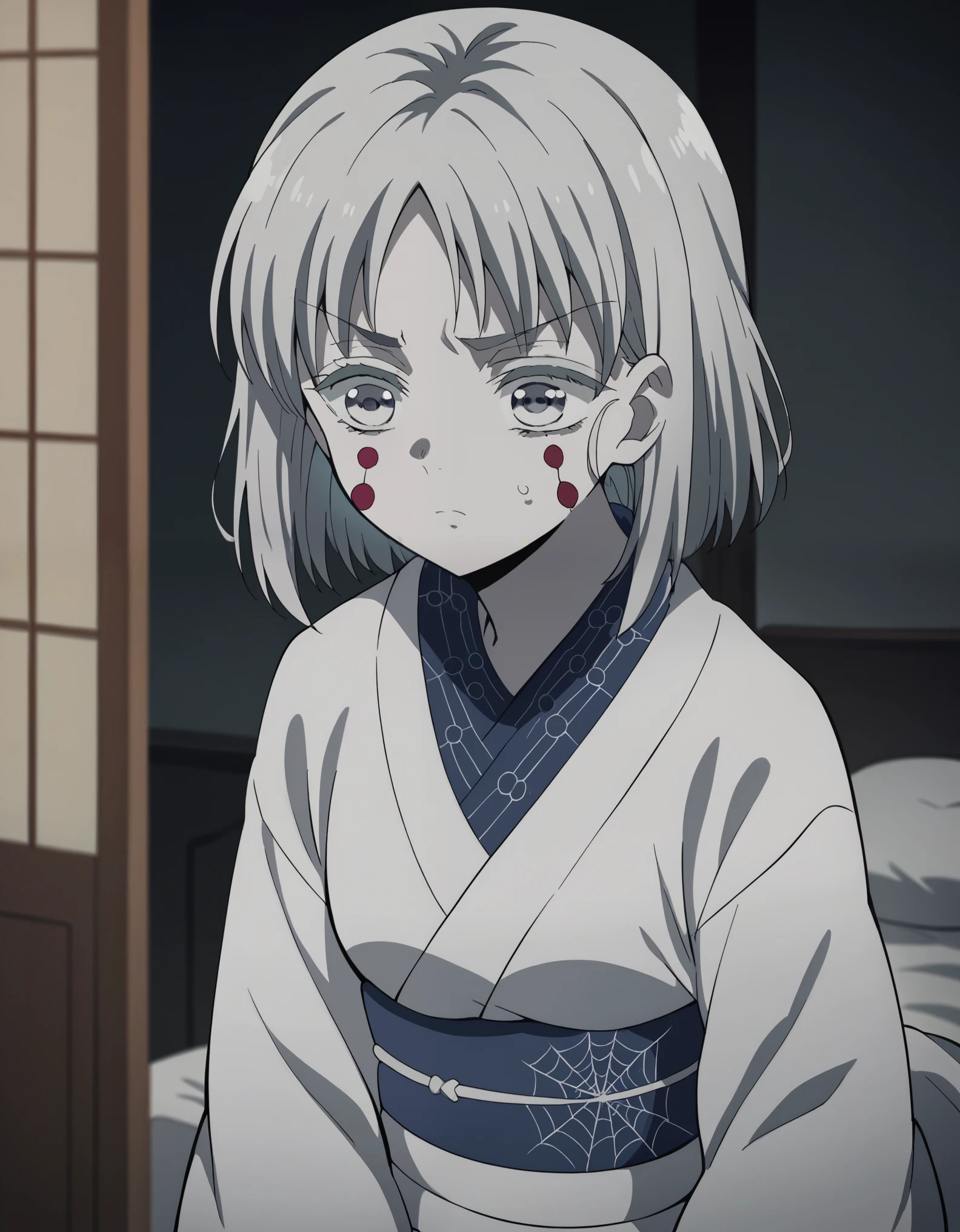  score_9,  score_8_up,  score_7_up, sauce_Anime,姉のSpider Demon, Spider Demon,  short hairパーマ,  Hair Ornament ,  short hair, Gray Hair, Grey Eyes,  facial mark,  thick eyebrows,  pure white and pale skin, long sleeve,  clevis,  JEWELRY, kimono, sash, heart,indoor, bed, bed room, Aside,Alone,  watching viewers ,  cowboy shot,  Dutch angle,Suzune Horikita、 bangs